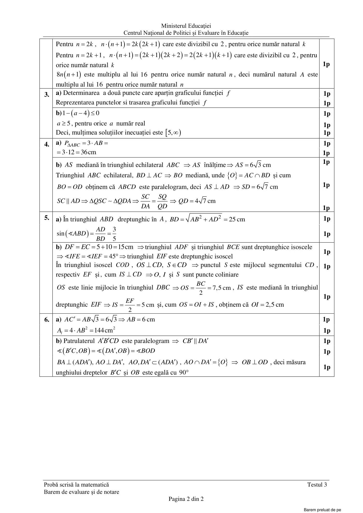 Pagina 2 din baremul pentru test de antrenament 3, matematică, mai 2022