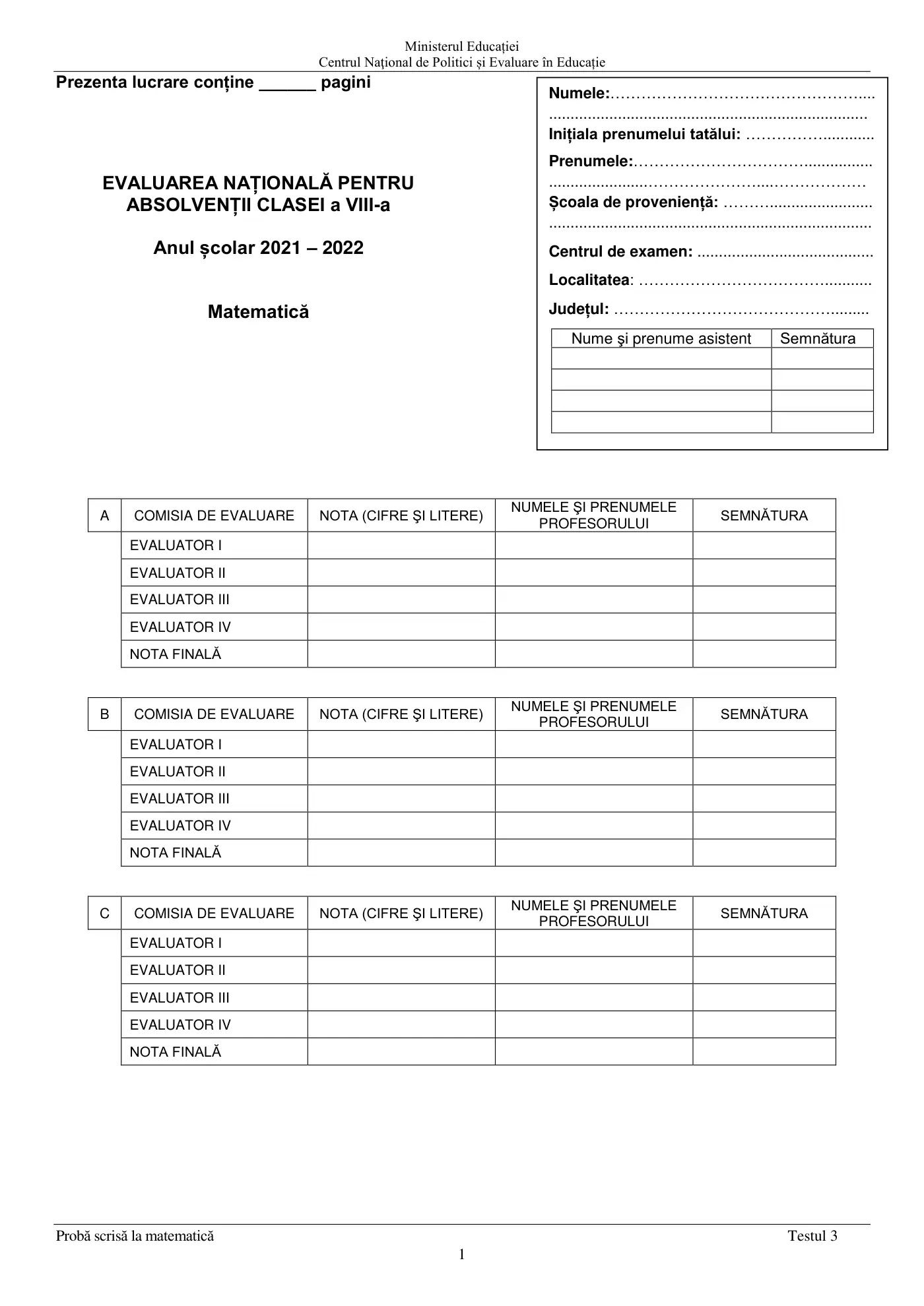Pagina 1 din subiectul test de antrenament 3, matematică, mai 2022