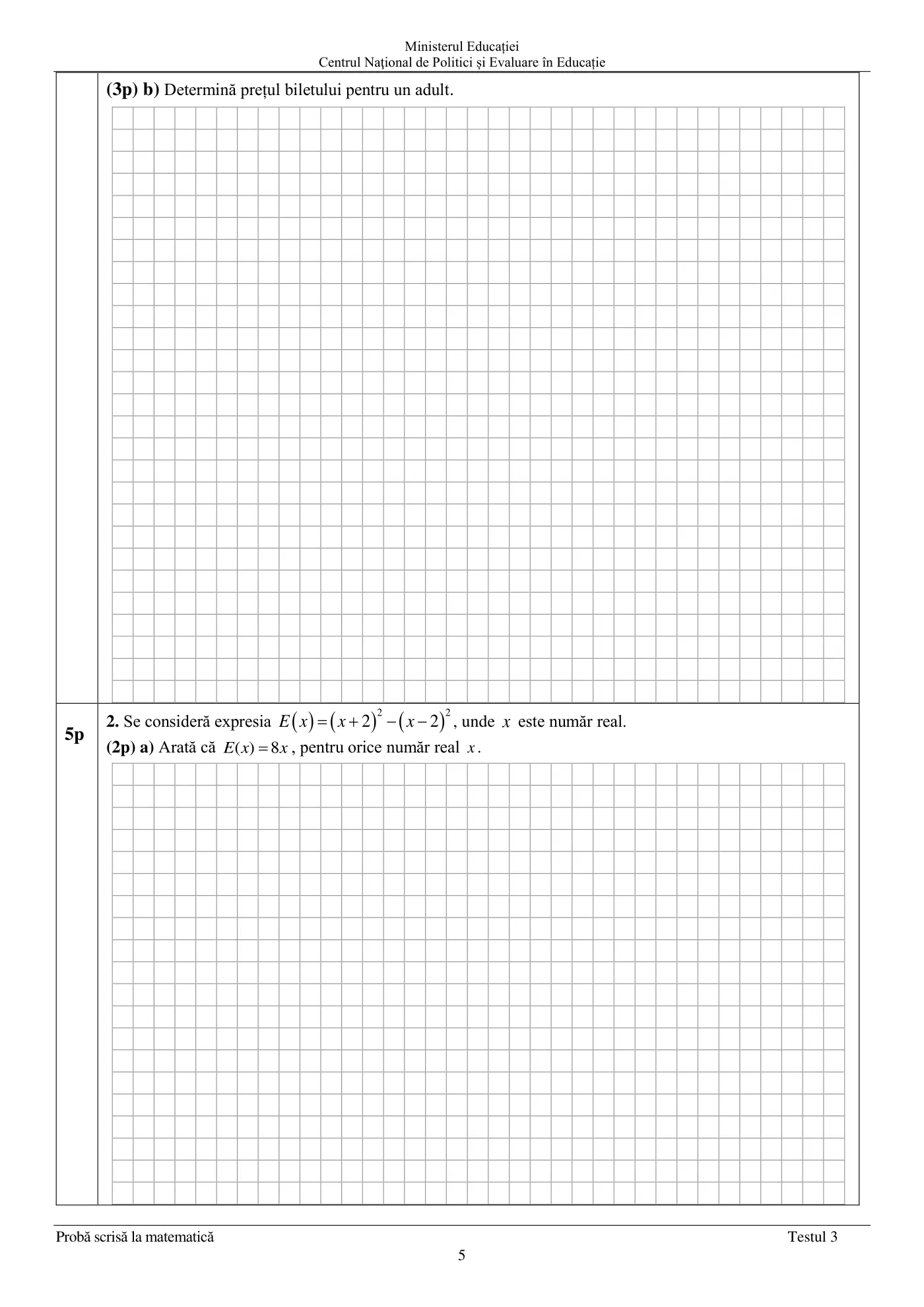 Pagina 5 din subiectul test de antrenament 3, matematică, mai 2022