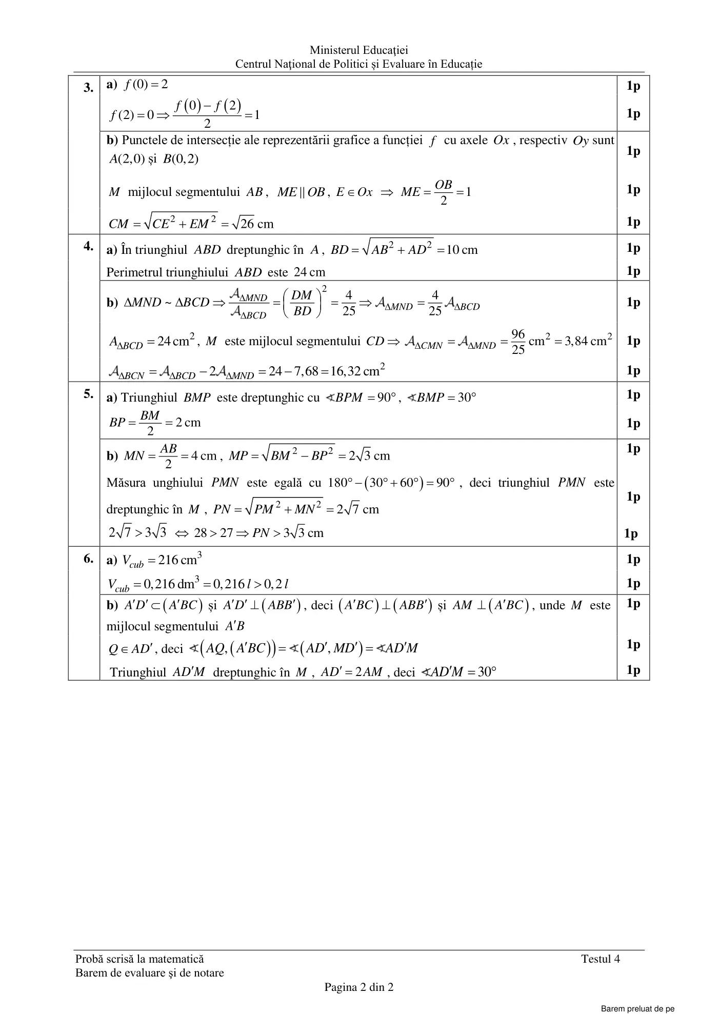 Pagina 2 din baremul pentru test de antrenament 4, matematică, mai 2022