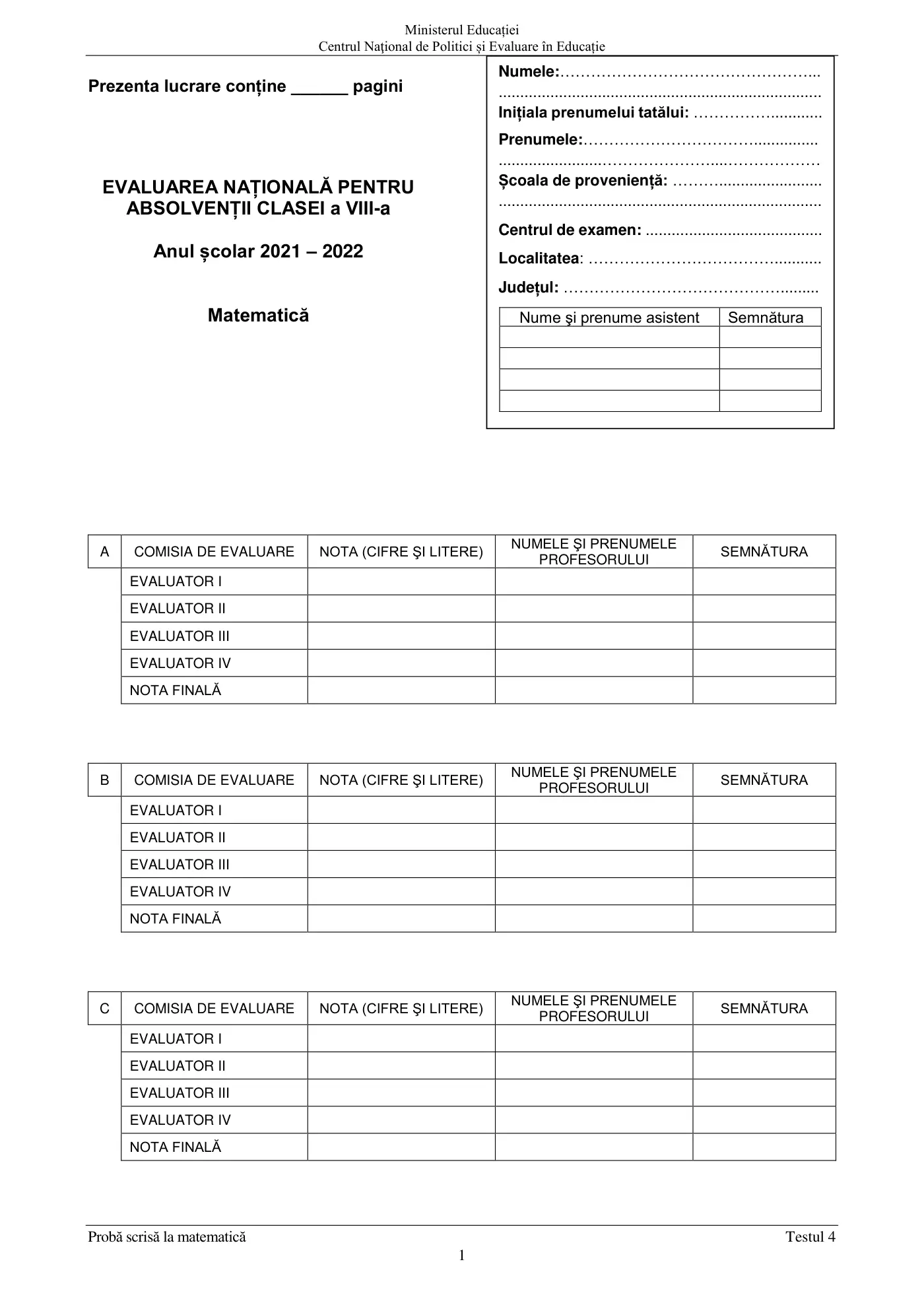 Pagina 1 din subiectul test de antrenament 4, matematică, mai 2022