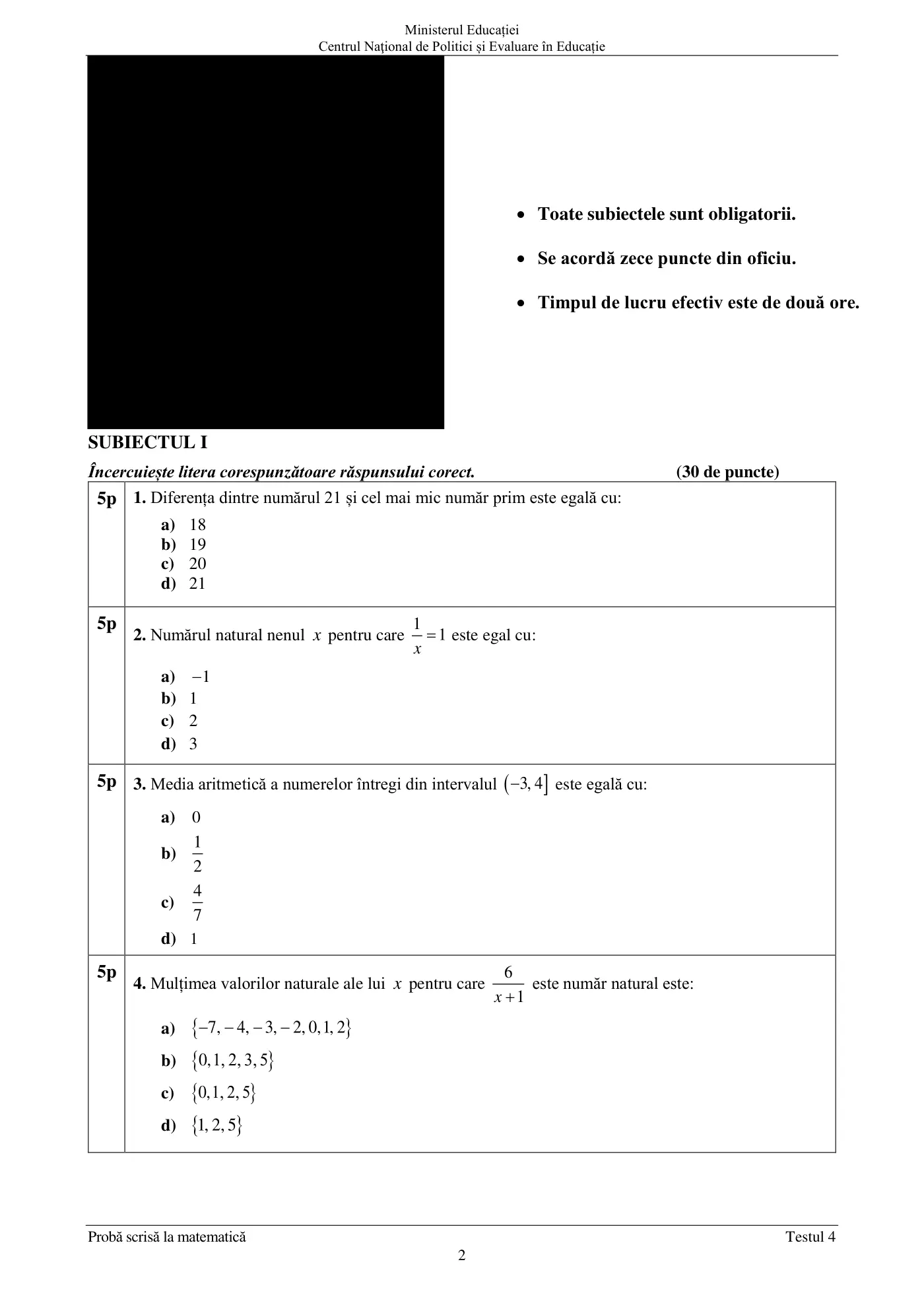 Pagina 2 din subiectul test de antrenament 4, matematică, mai 2022