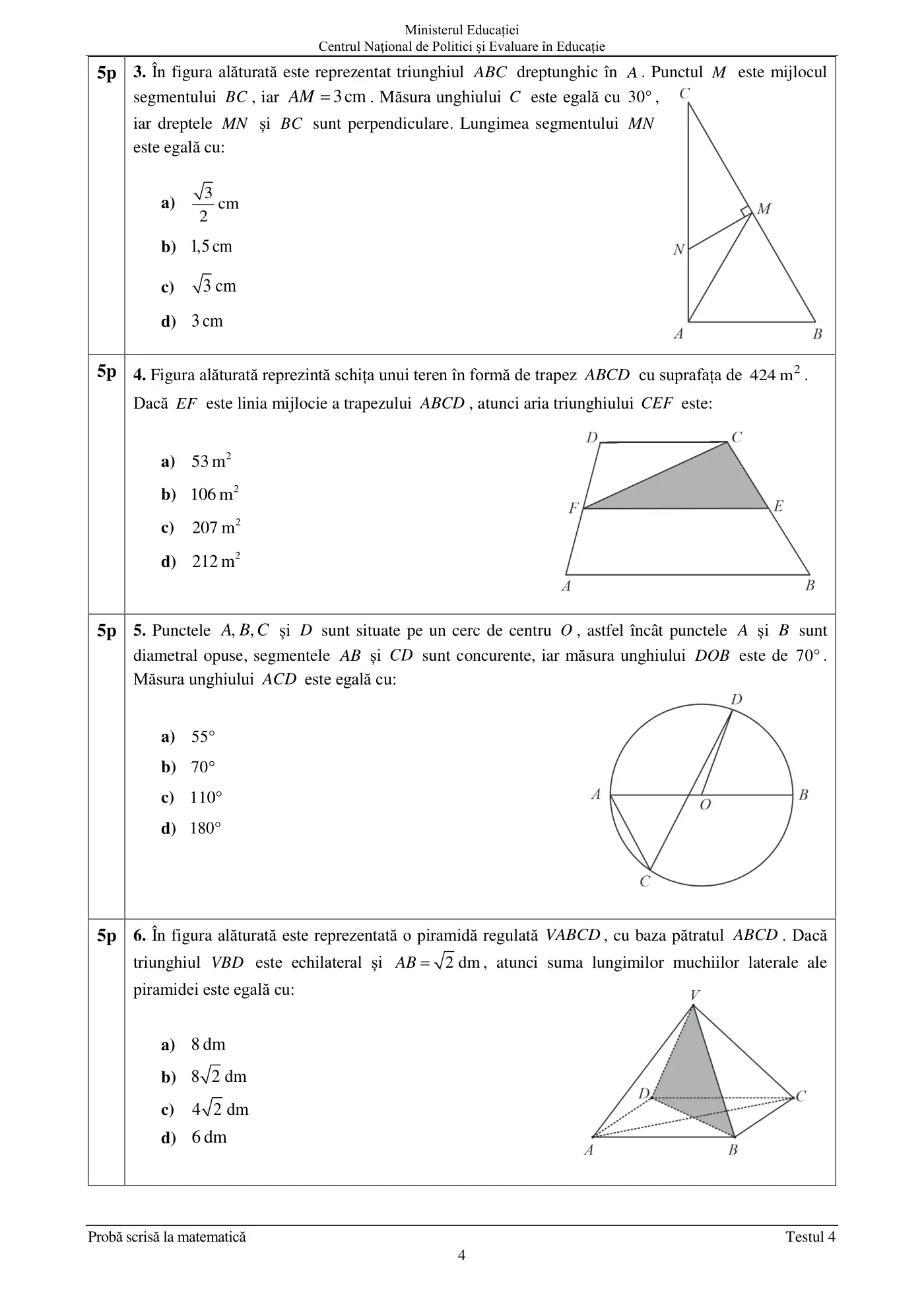 Pagina 4 din subiectul test de antrenament 4, matematică, mai 2022