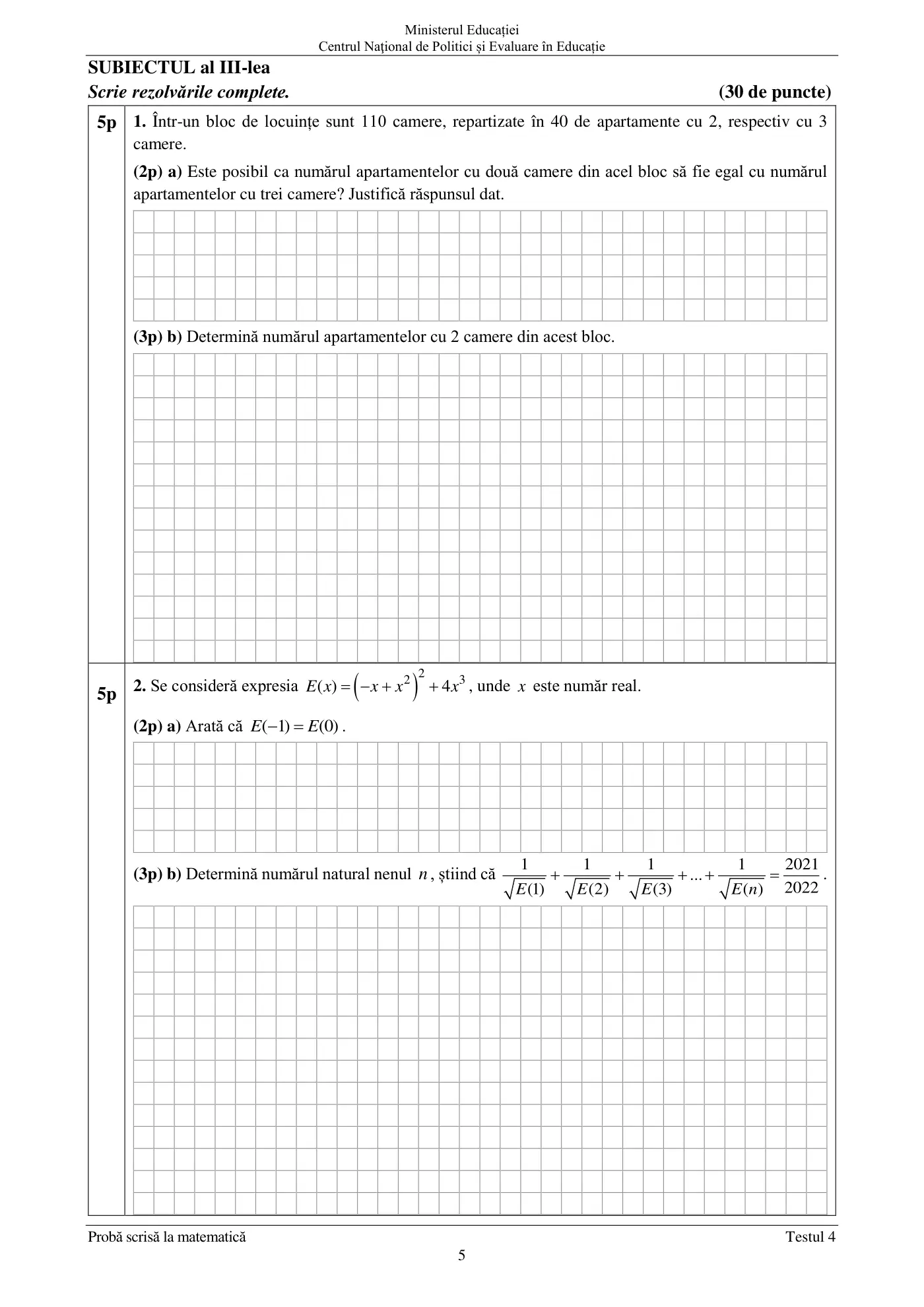 Pagina 5 din subiectul test de antrenament 4, matematică, mai 2022