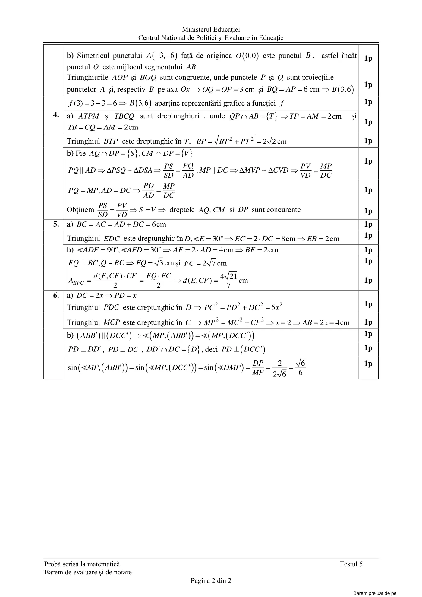 Pagina 2 din baremul pentru test de antrenament 5, matematică, mai 2022