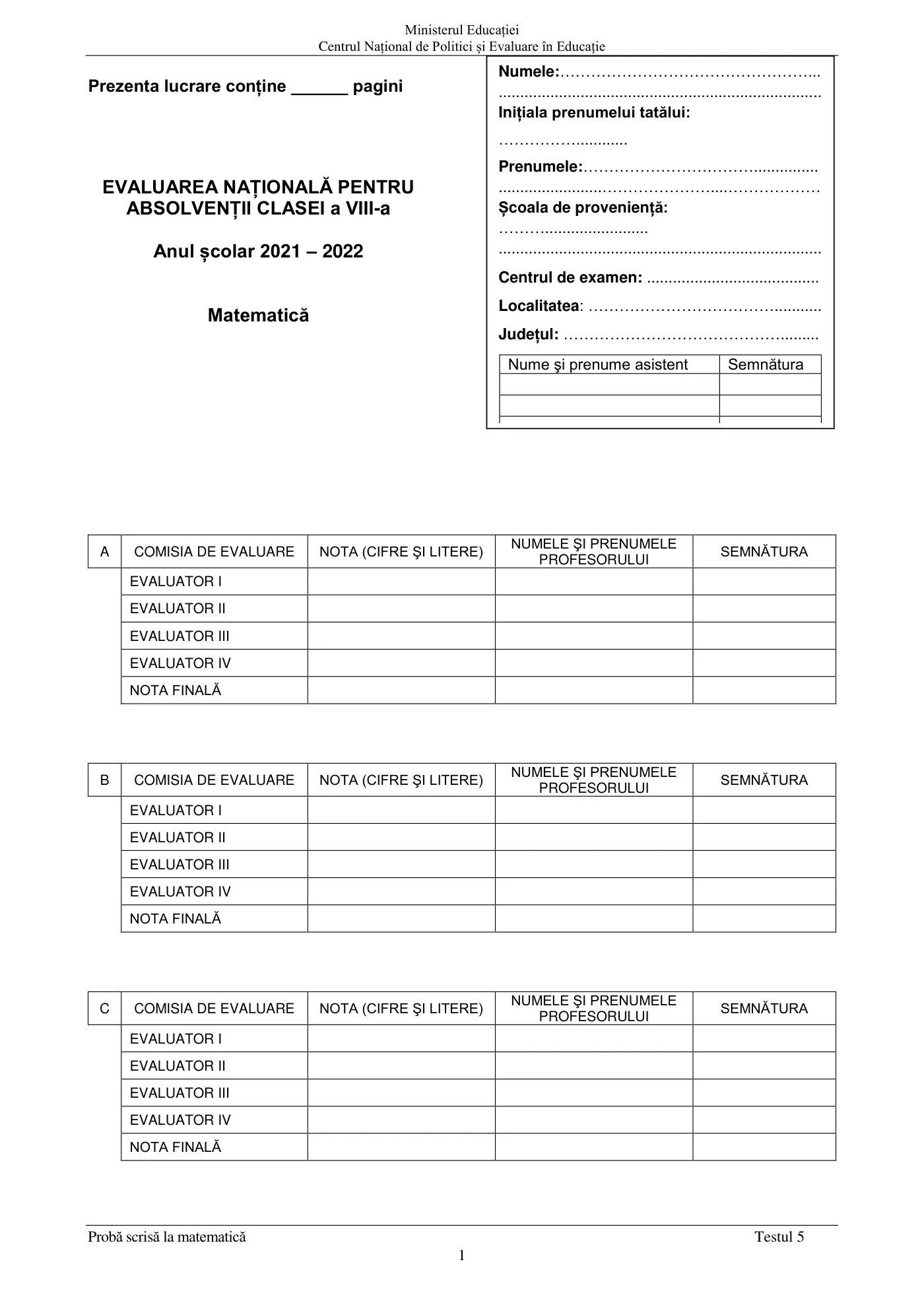 Pagina 1 din subiectul test de antrenament 5, matematică, mai 2022