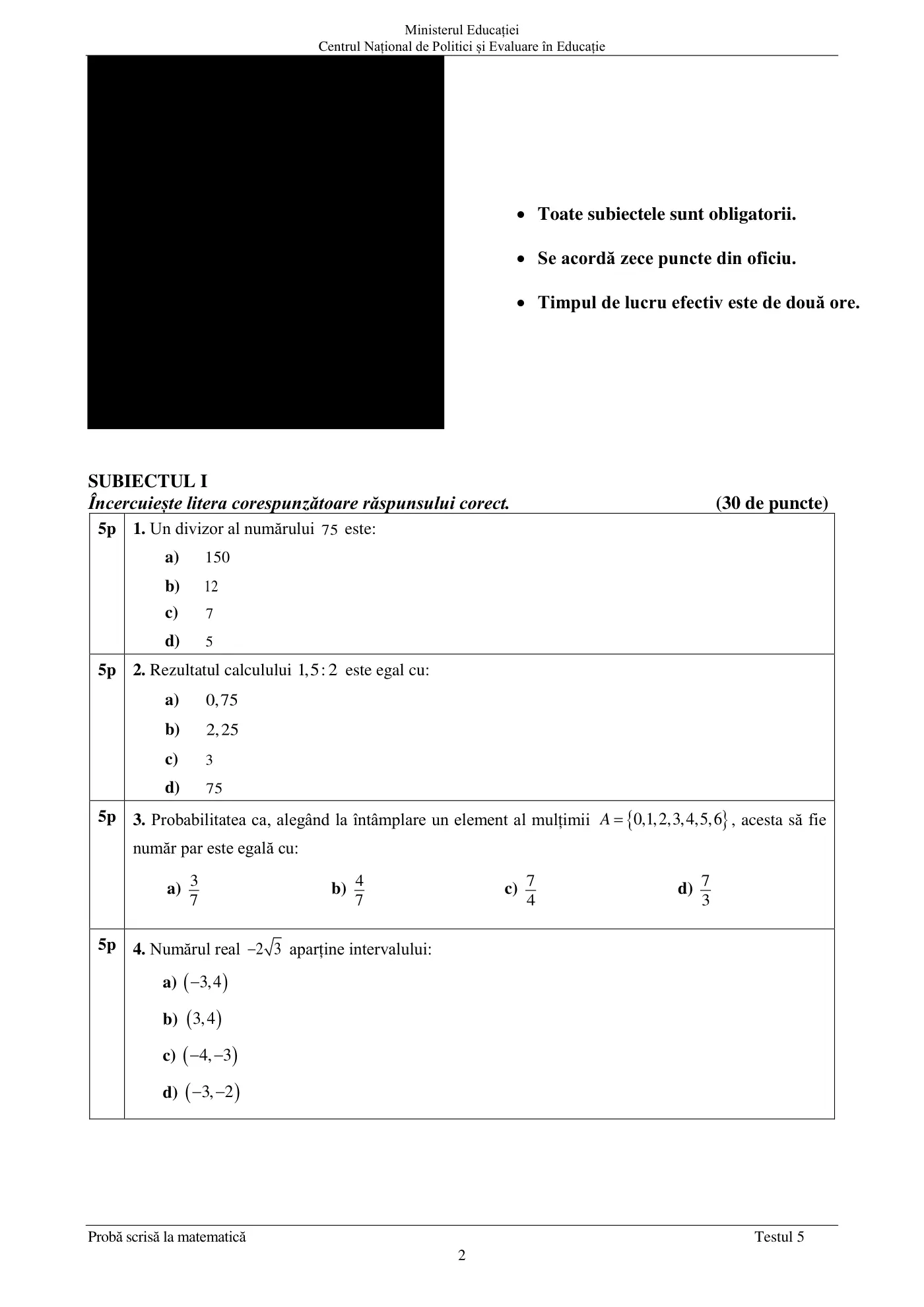 Pagina 2 din subiectul test de antrenament 5, matematică, mai 2022