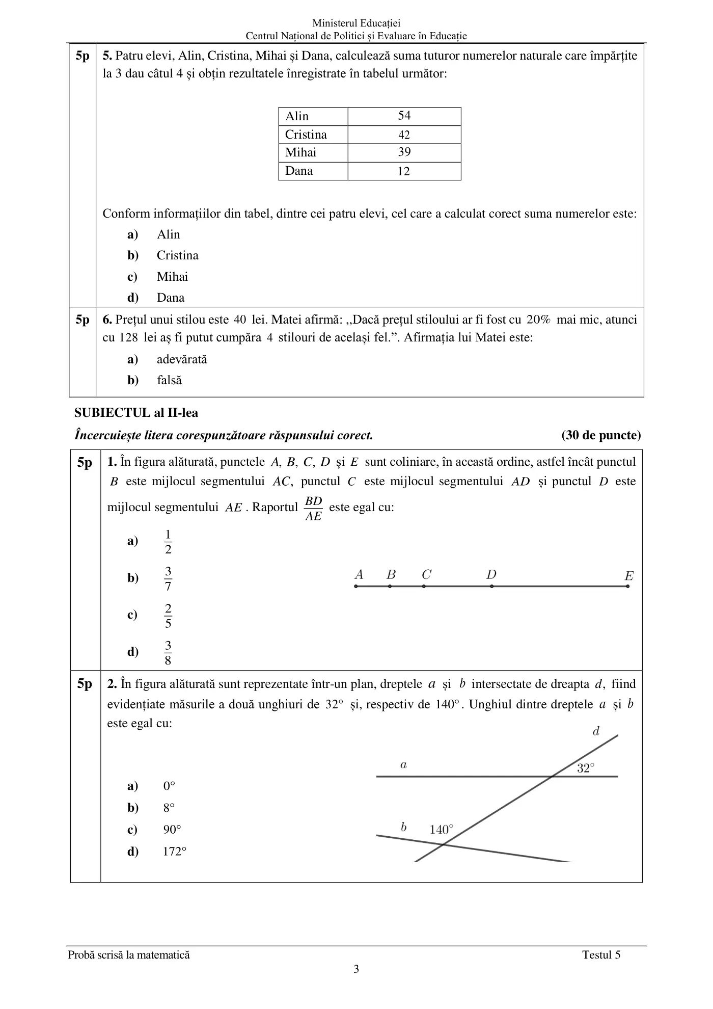 Pagina 3 din subiectul test de antrenament 5, matematică, mai 2022