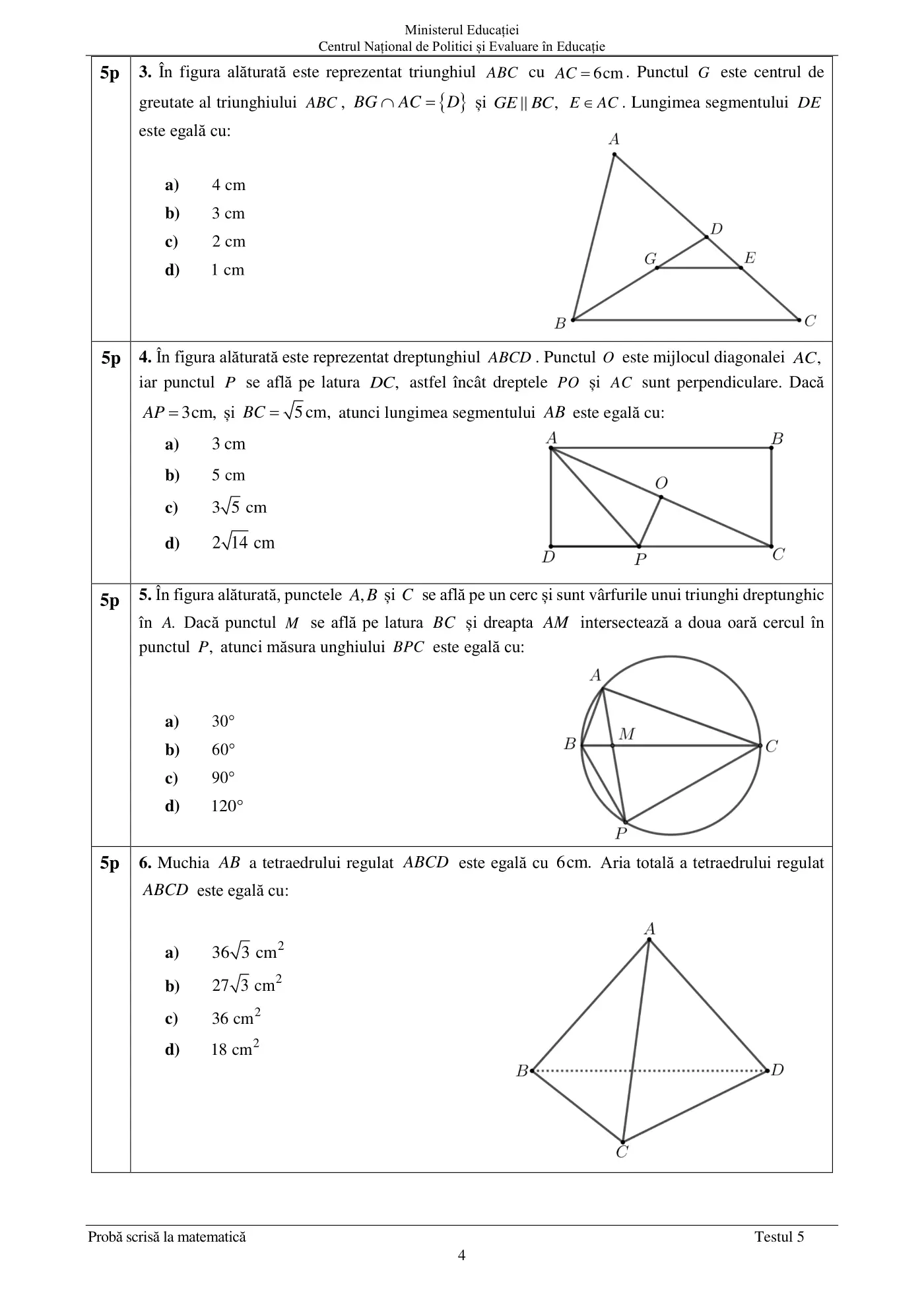 Pagina 4 din subiectul test de antrenament 5, matematică, mai 2022