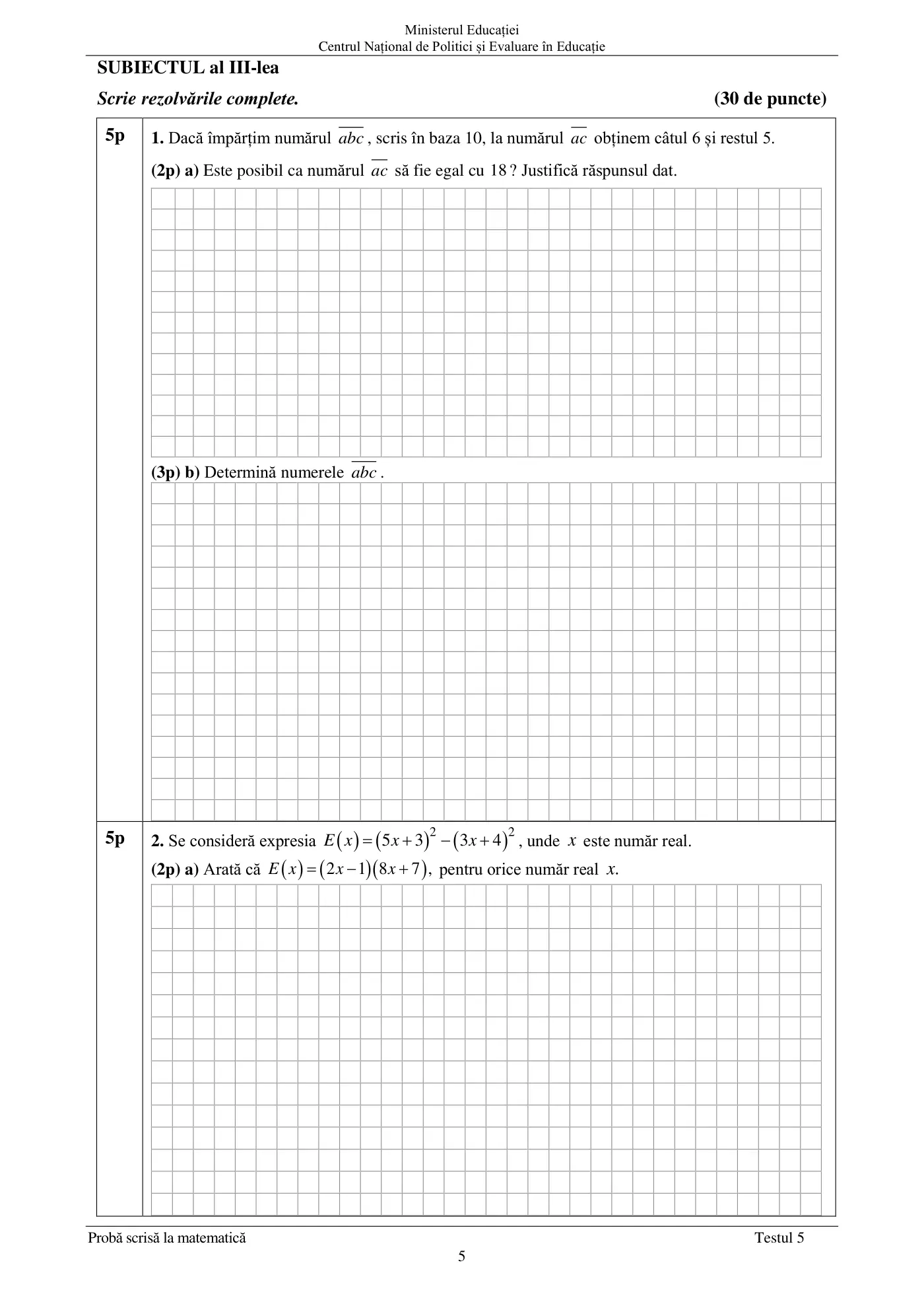 Pagina 5 din subiectul test de antrenament 5, matematică, mai 2022