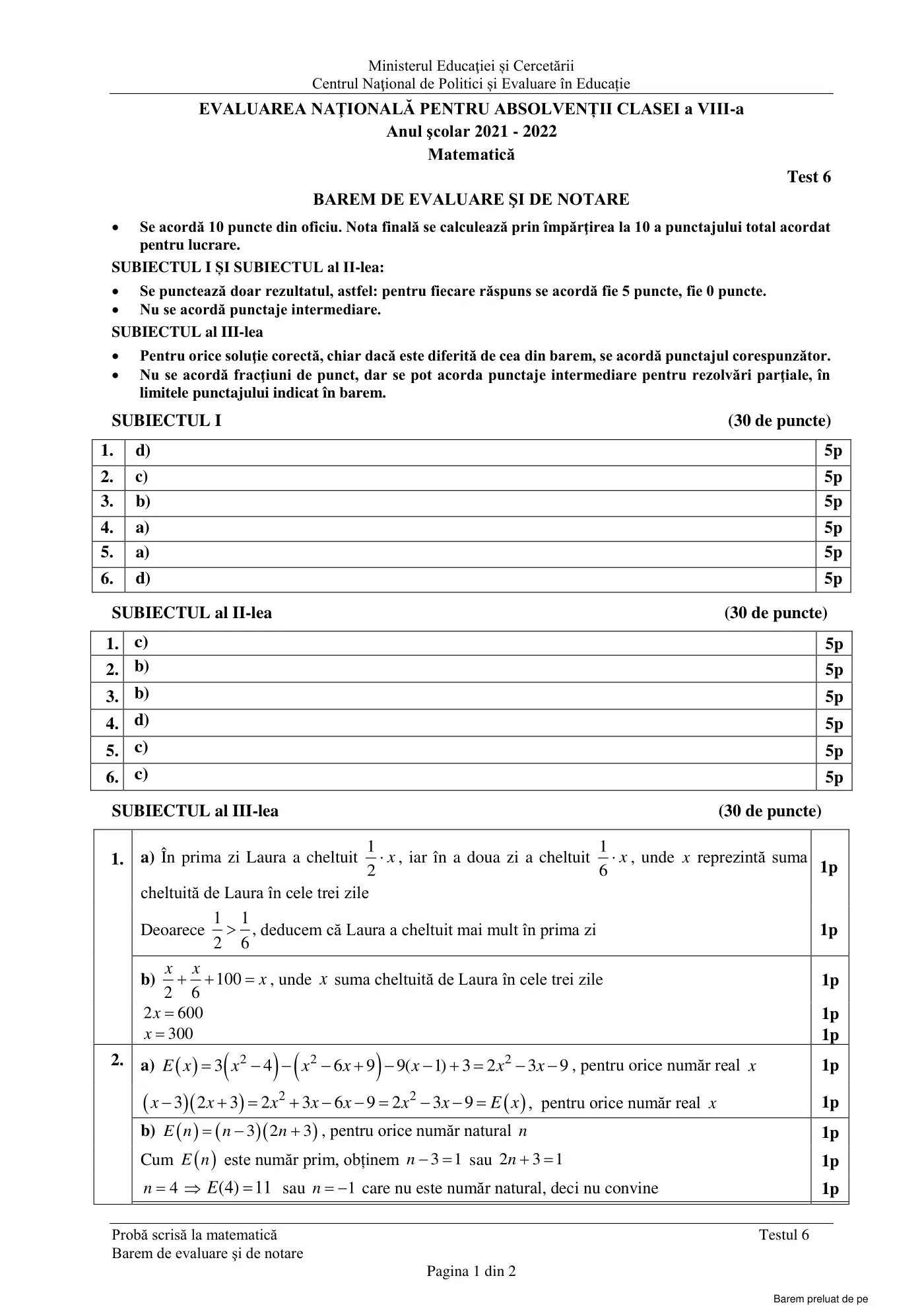 Pagina 1 din baremul pentru test de antrenament 6, matematică, mai 2022