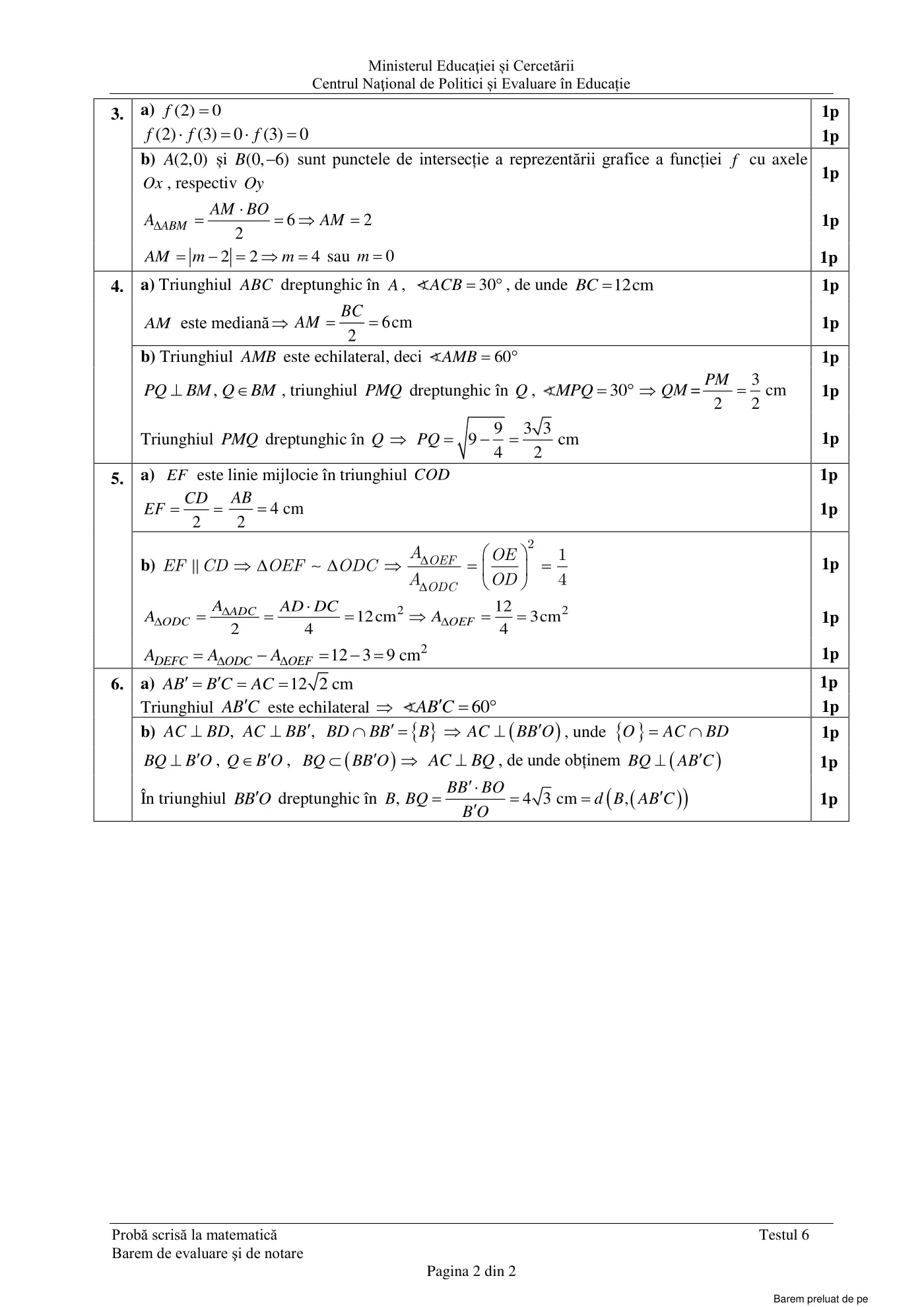 Pagina 2 din baremul pentru test de antrenament 6, matematică, mai 2022