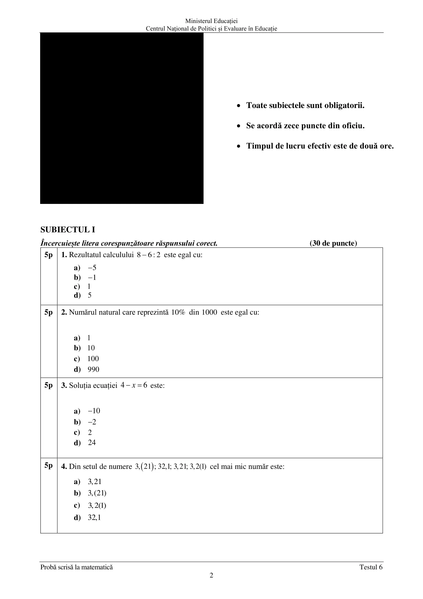 Pagina 2 din subiectul test de antrenament 6, matematică, mai 2022
