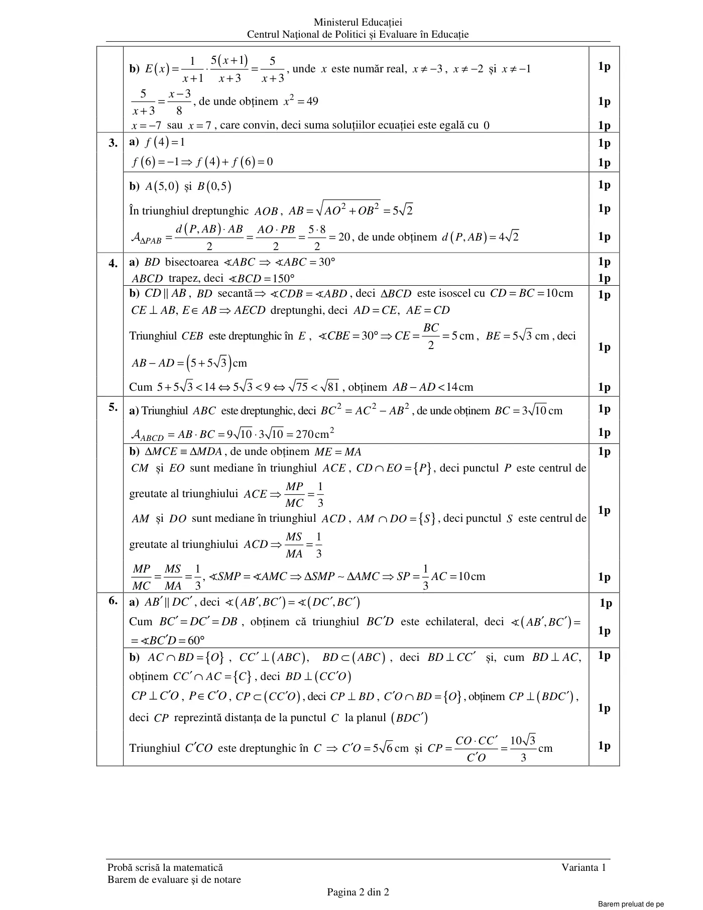 Pagina 2 din baremul pentru examen oficial (sesiunea iunie), matematică, 21 iunie 2023