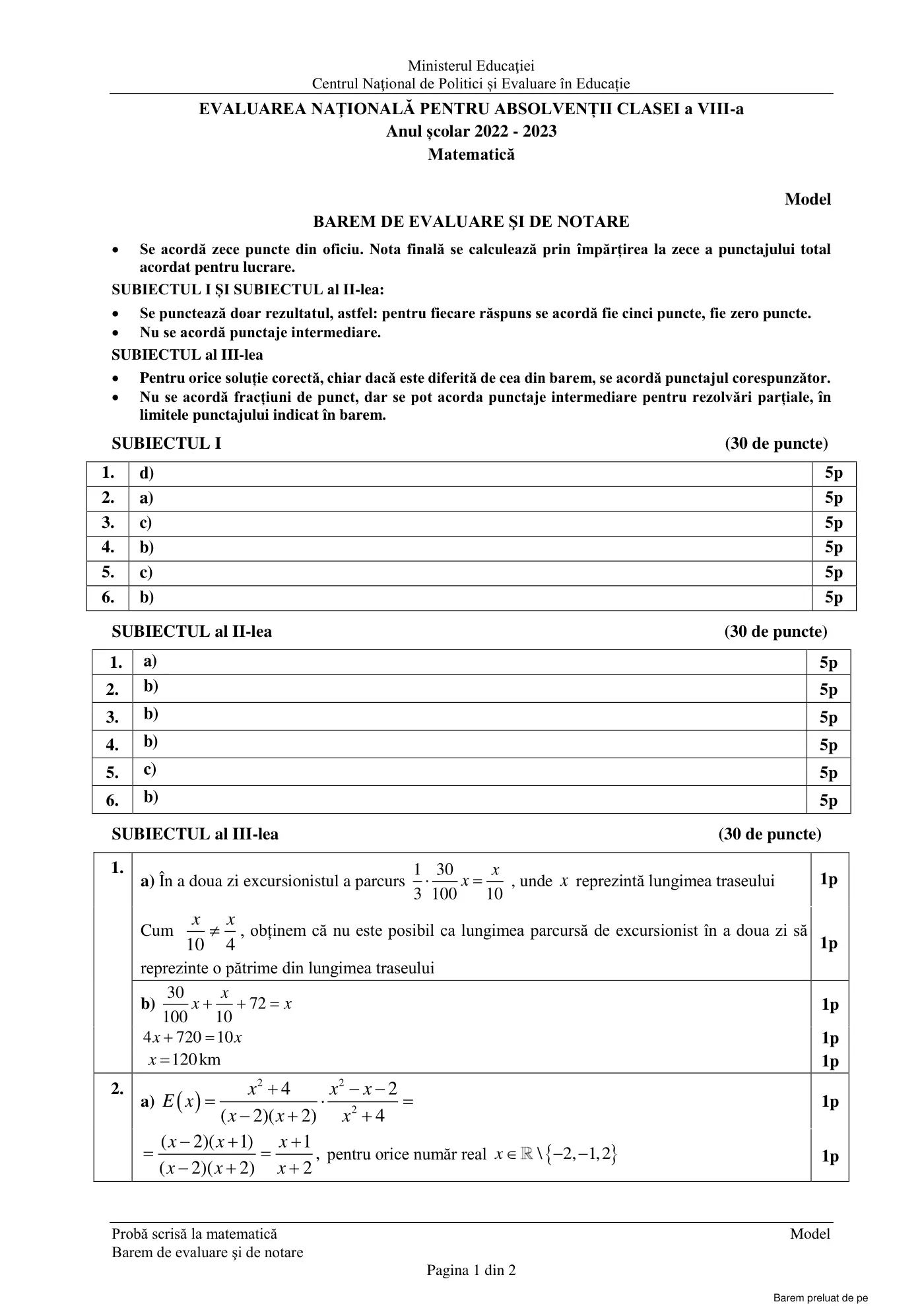 Pagina 1 din baremul pentru model oficial, matematică, noiembrie 2022