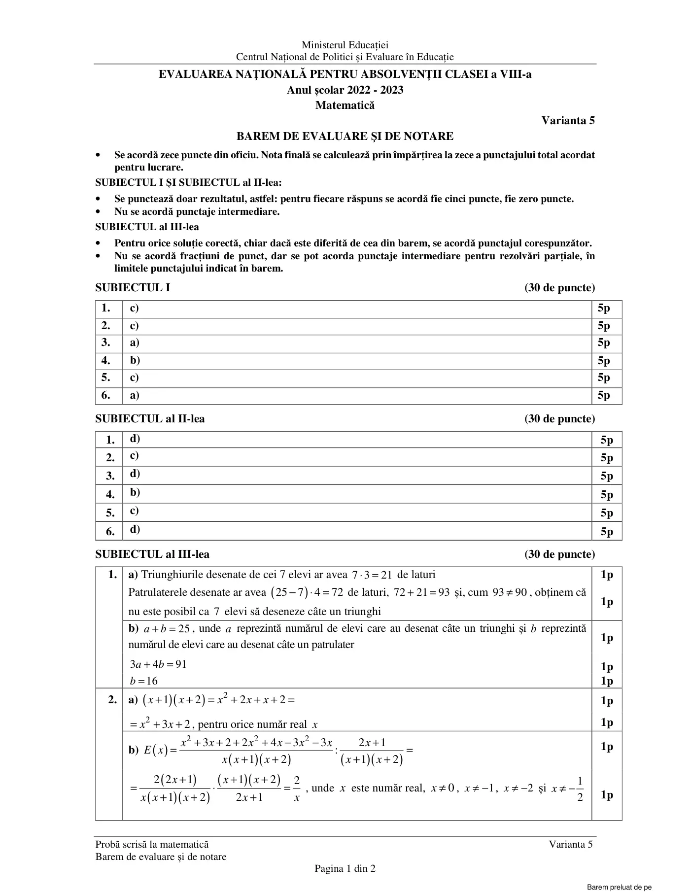 Pagina 1 din baremul pentru subiect de rezervă, matematică, 21 iunie 2023