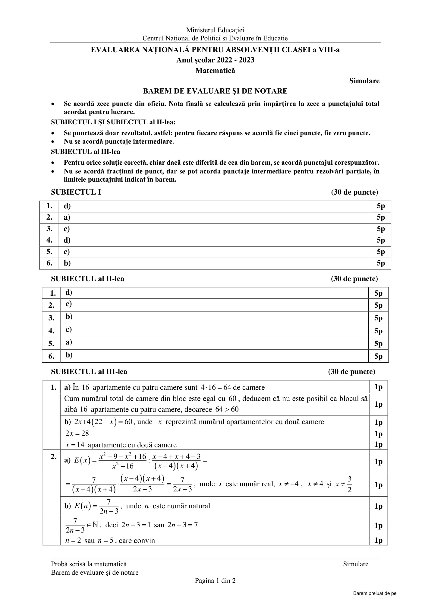 Pagina 1 din baremul pentru simulare națională, matematică, 21 martie 2023