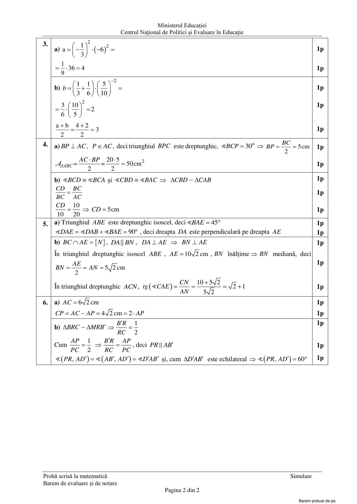 Pagina 2 din baremul pentru simulare națională, matematică, 21 martie 2023