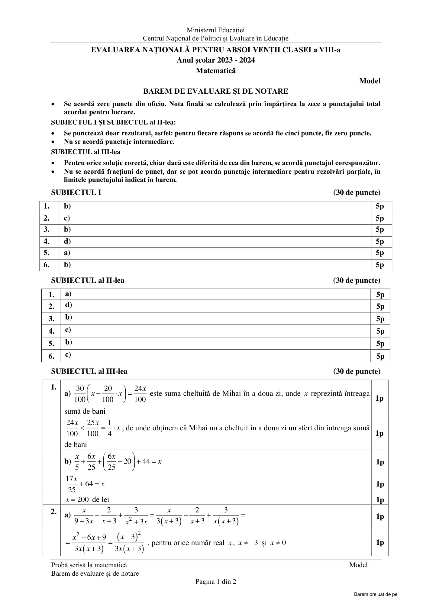 Pagina 1 din baremul pentru model oficial, matematică, noiembrie 2023