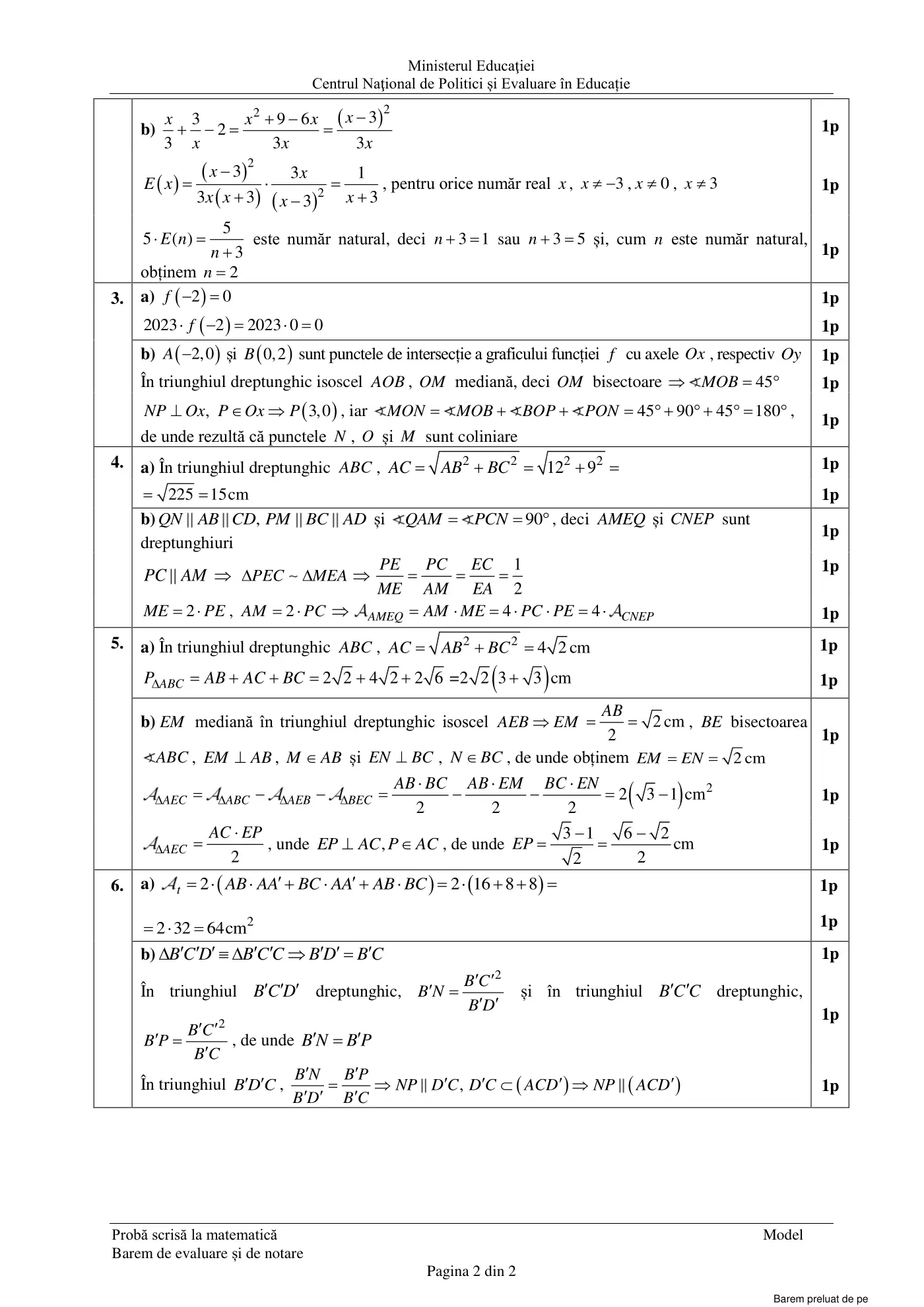 Pagina 2 din baremul pentru model oficial, matematică, noiembrie 2023