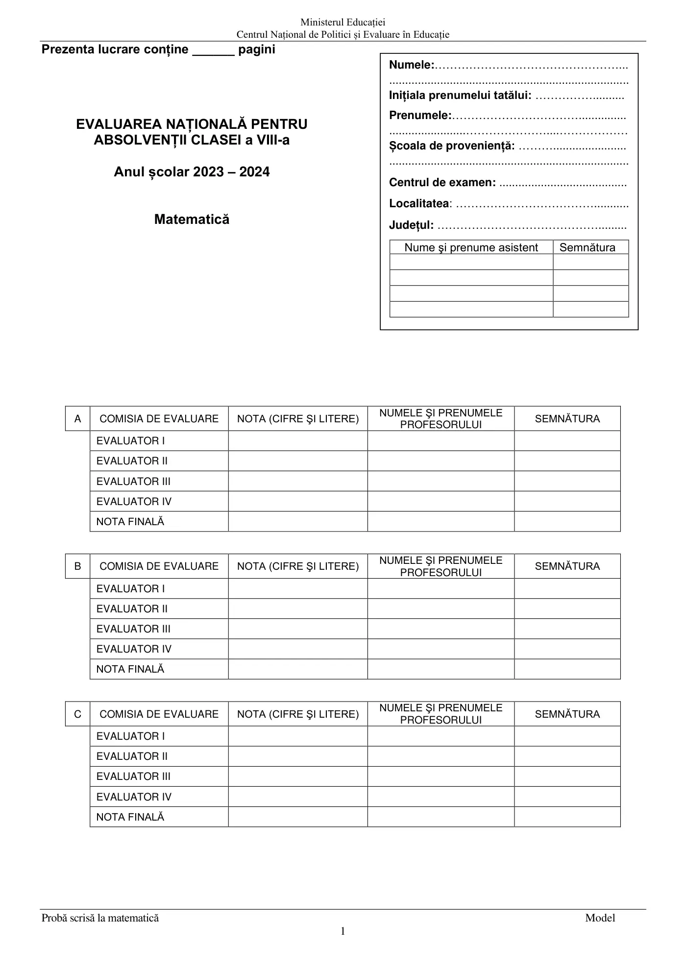Pagina 1 din subiectul model oficial, matematică, noiembrie 2023