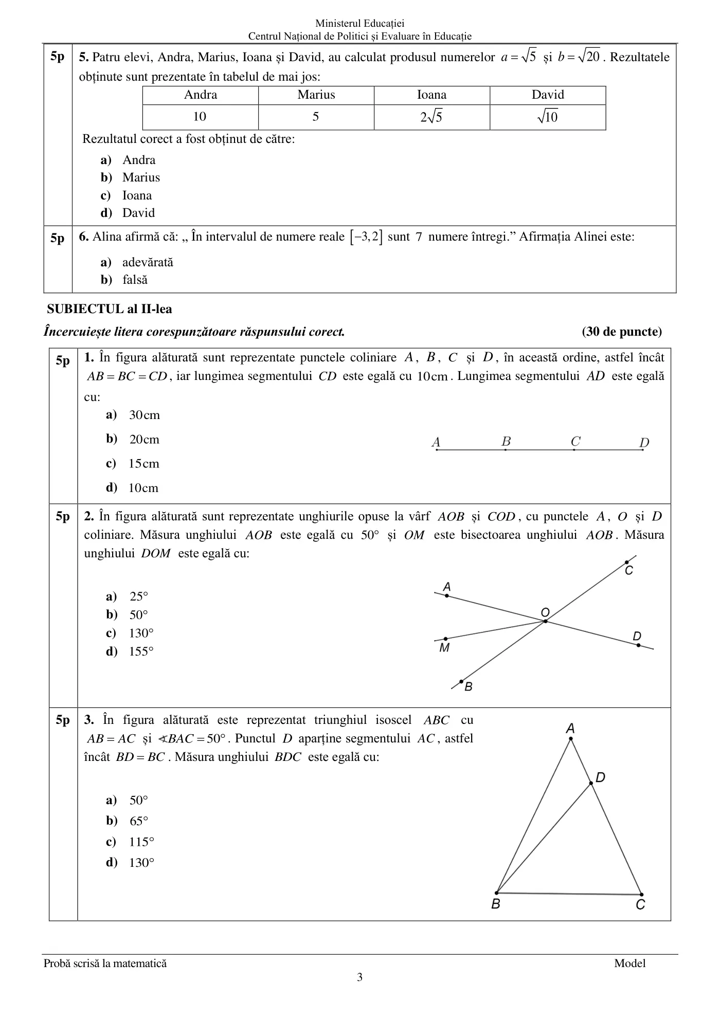 Pagina 3 din subiectul model oficial, matematică, noiembrie 2023