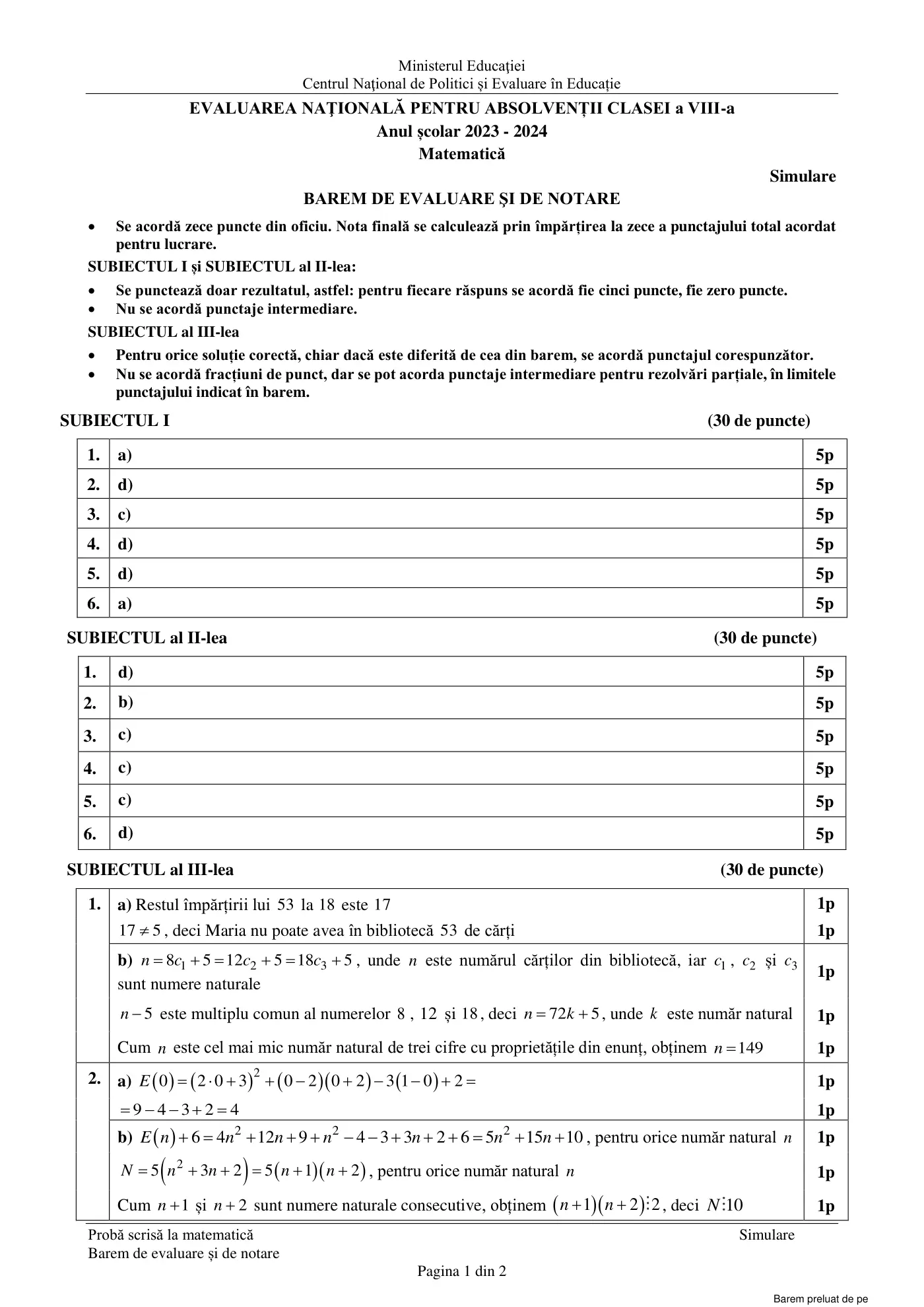 Pagina 1 din baremul pentru simulare națională, matematică, 6 februarie 2024
