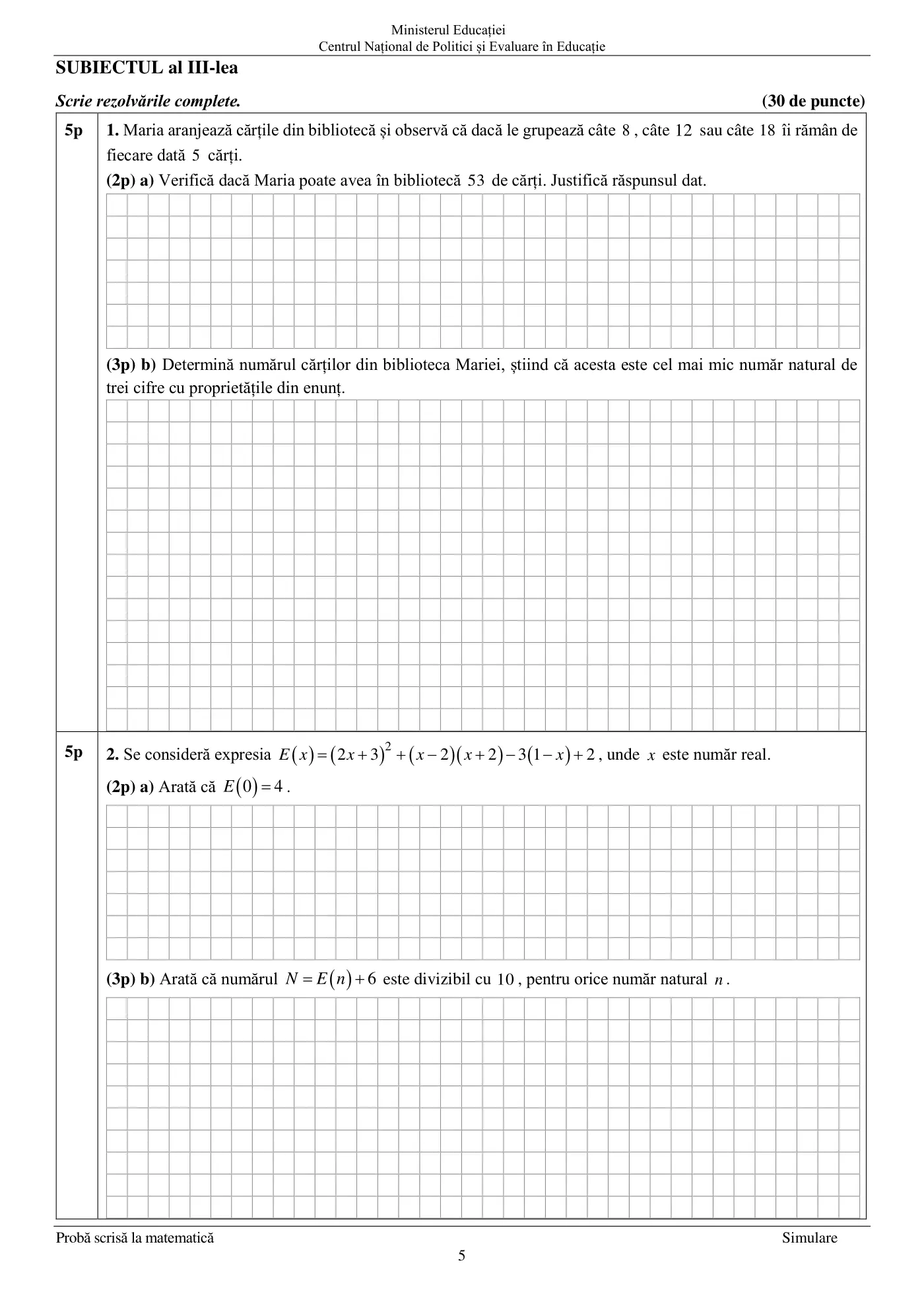 Pagina 5 din subiectul simulare națională, matematică, 6 februarie 2024