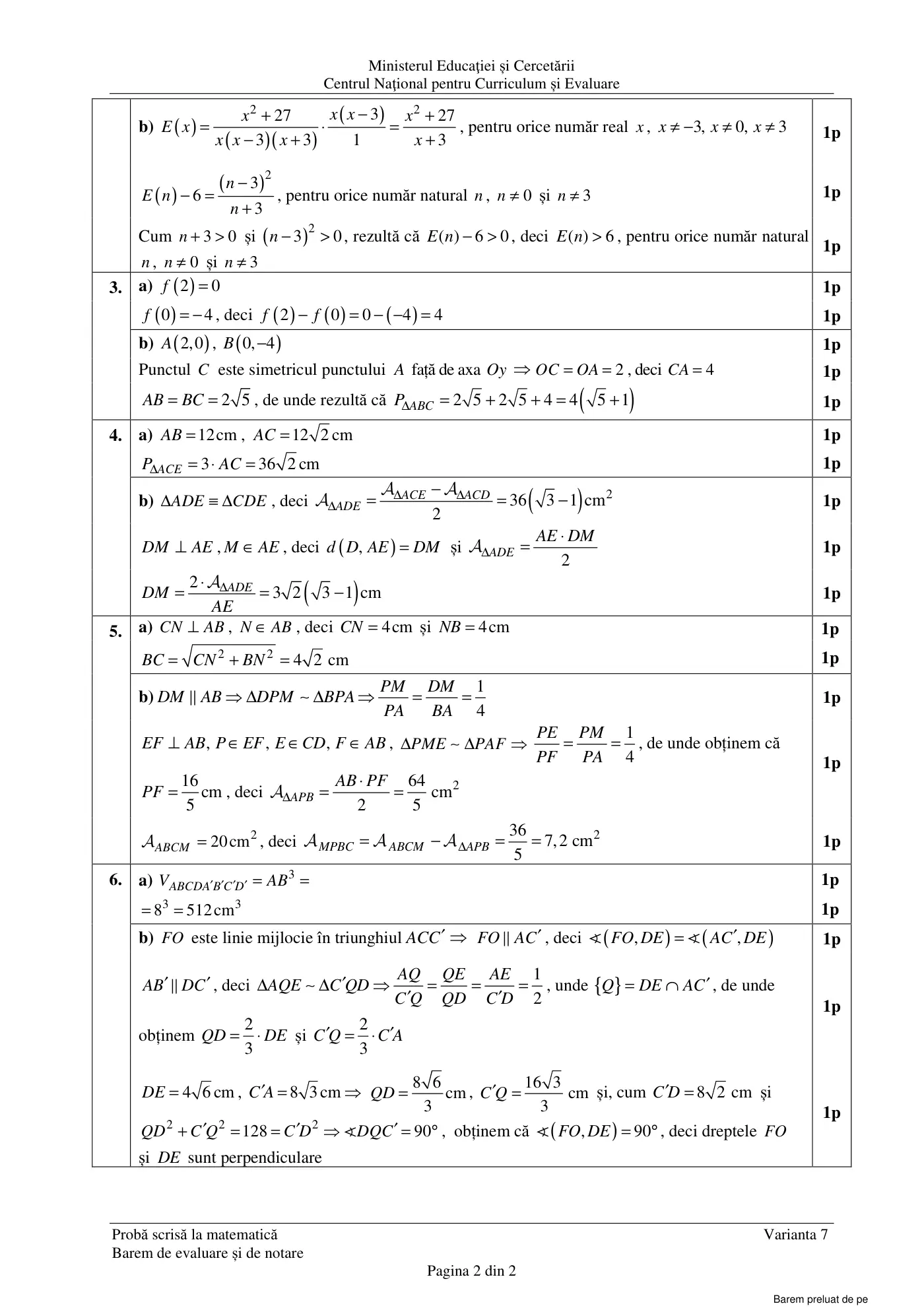 Pagina 2 din baremul pentru examen oficial (sesiunea iunie), matematică, 25 iunie 2025
