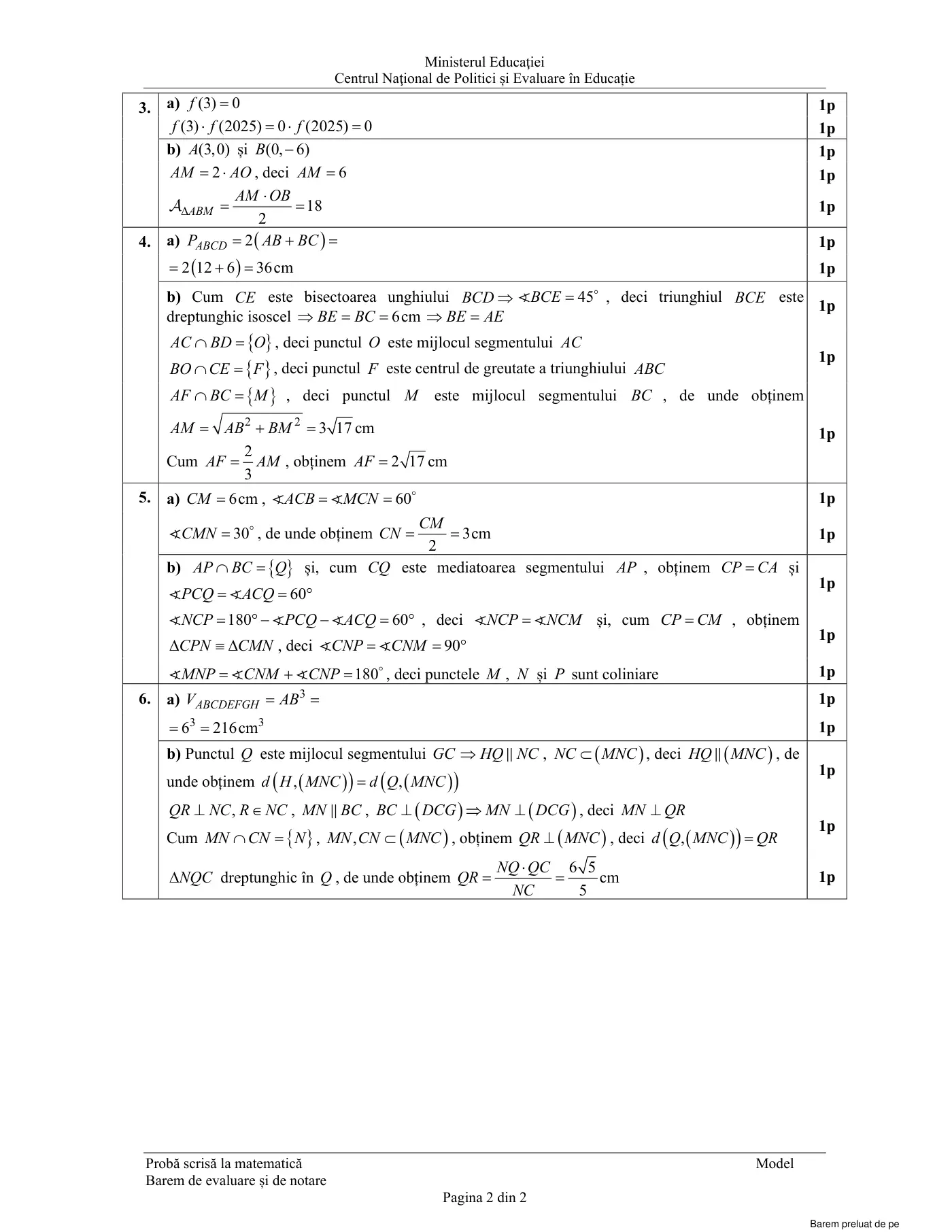 Pagina 2 din baremul pentru model oficial, matematică, noiembrie 2024