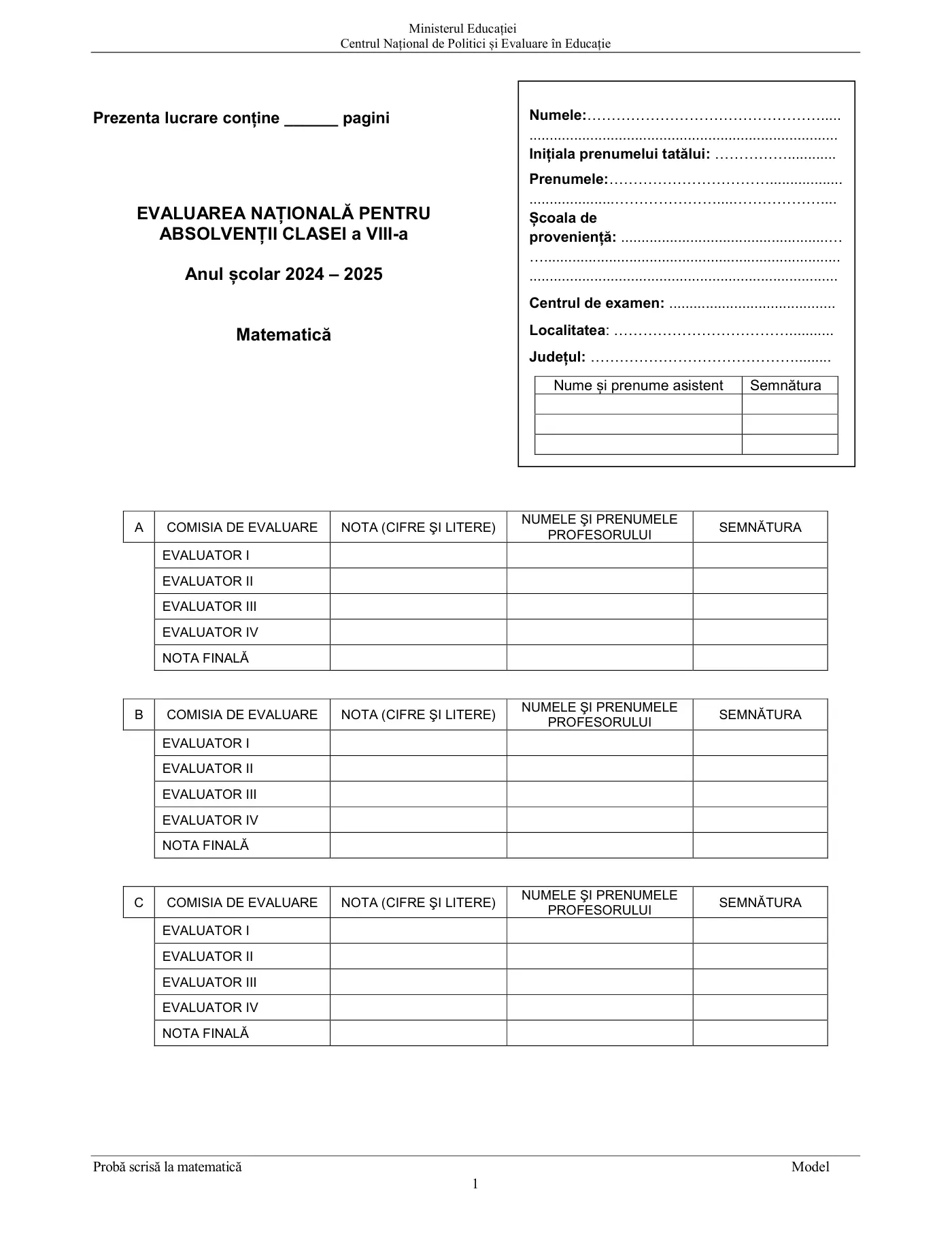 Pagina 1 din subiectul model oficial, matematică, noiembrie 2024
