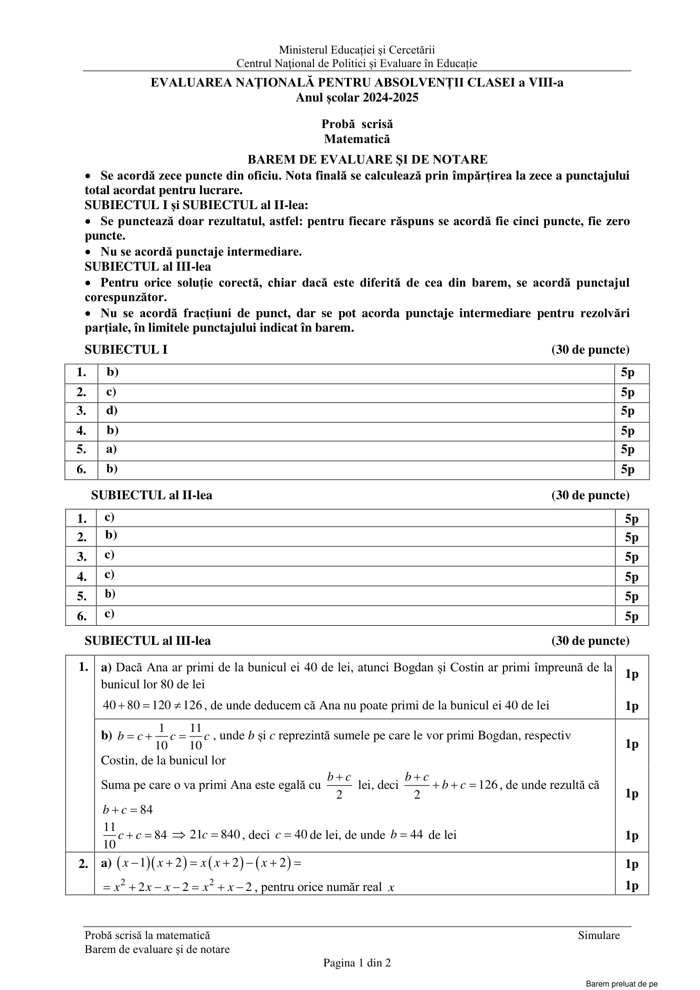 Pagina 1 din baremul pentru simulare națională, matematică, 18 martie 2025