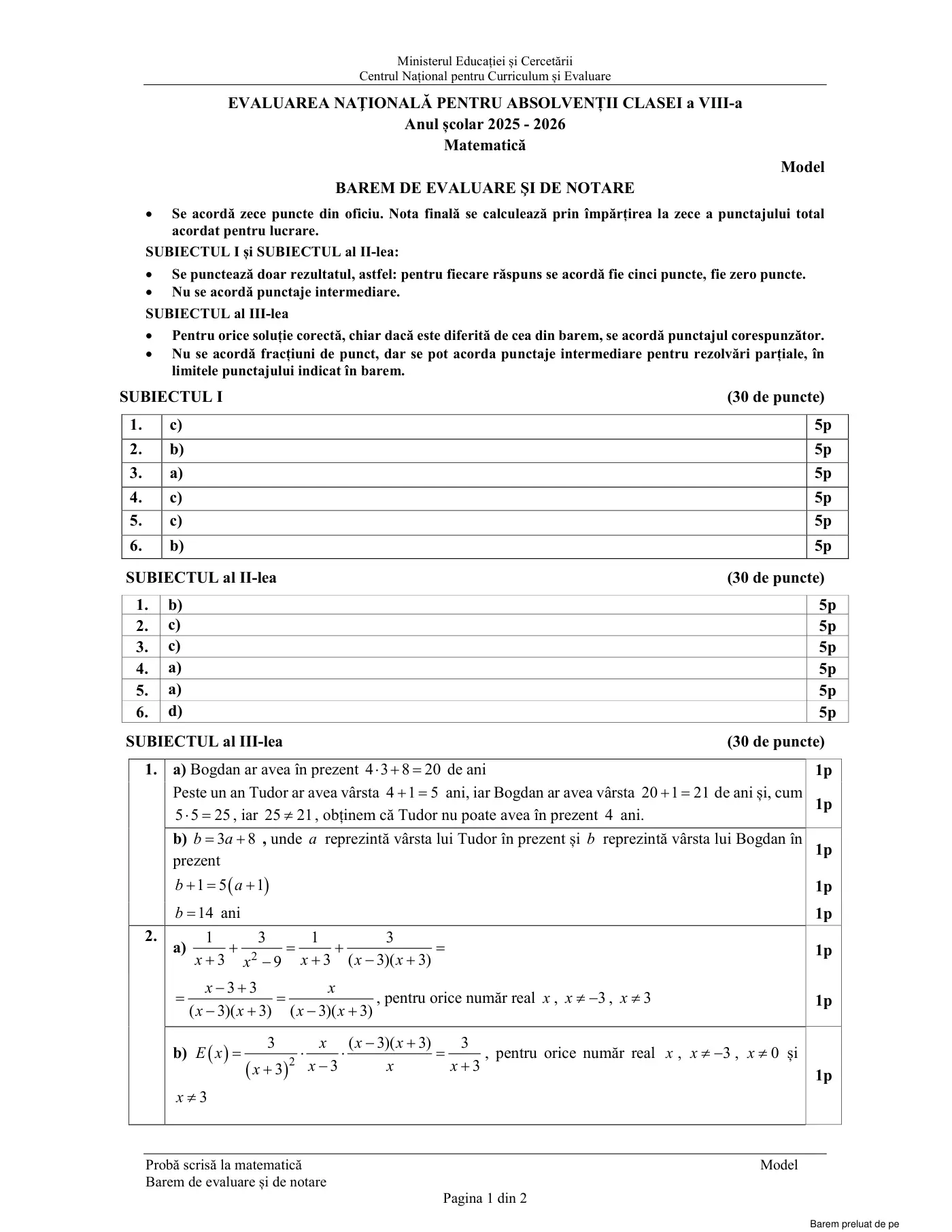 Pagina 1 din baremul pentru model oficial, matematică, noiembrie 2025