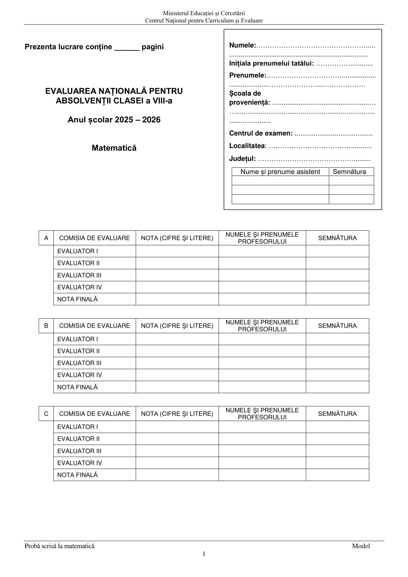 Pagina 1 din subiectul model oficial, matematică, noiembrie 2025