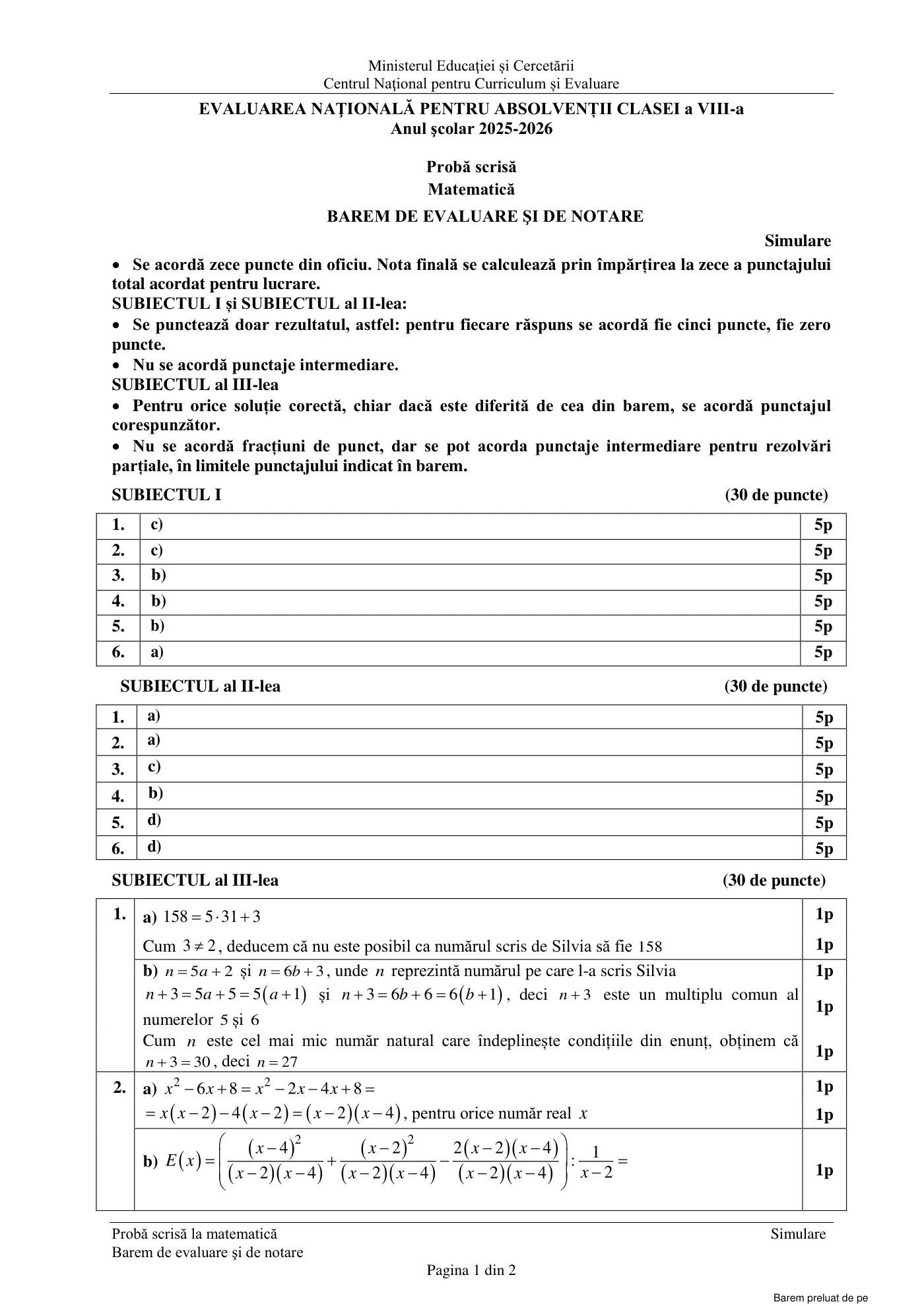 Pagina 1 din baremul pentru simulare națională ii, matematică, 28 aprilie 2026