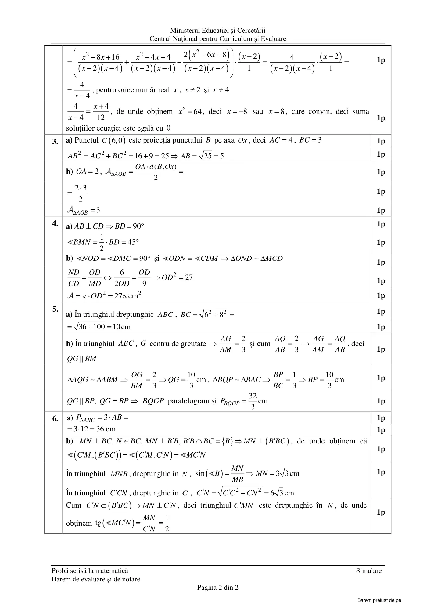 Pagina 2 din baremul pentru simulare națională ii, matematică, 28 aprilie 2026