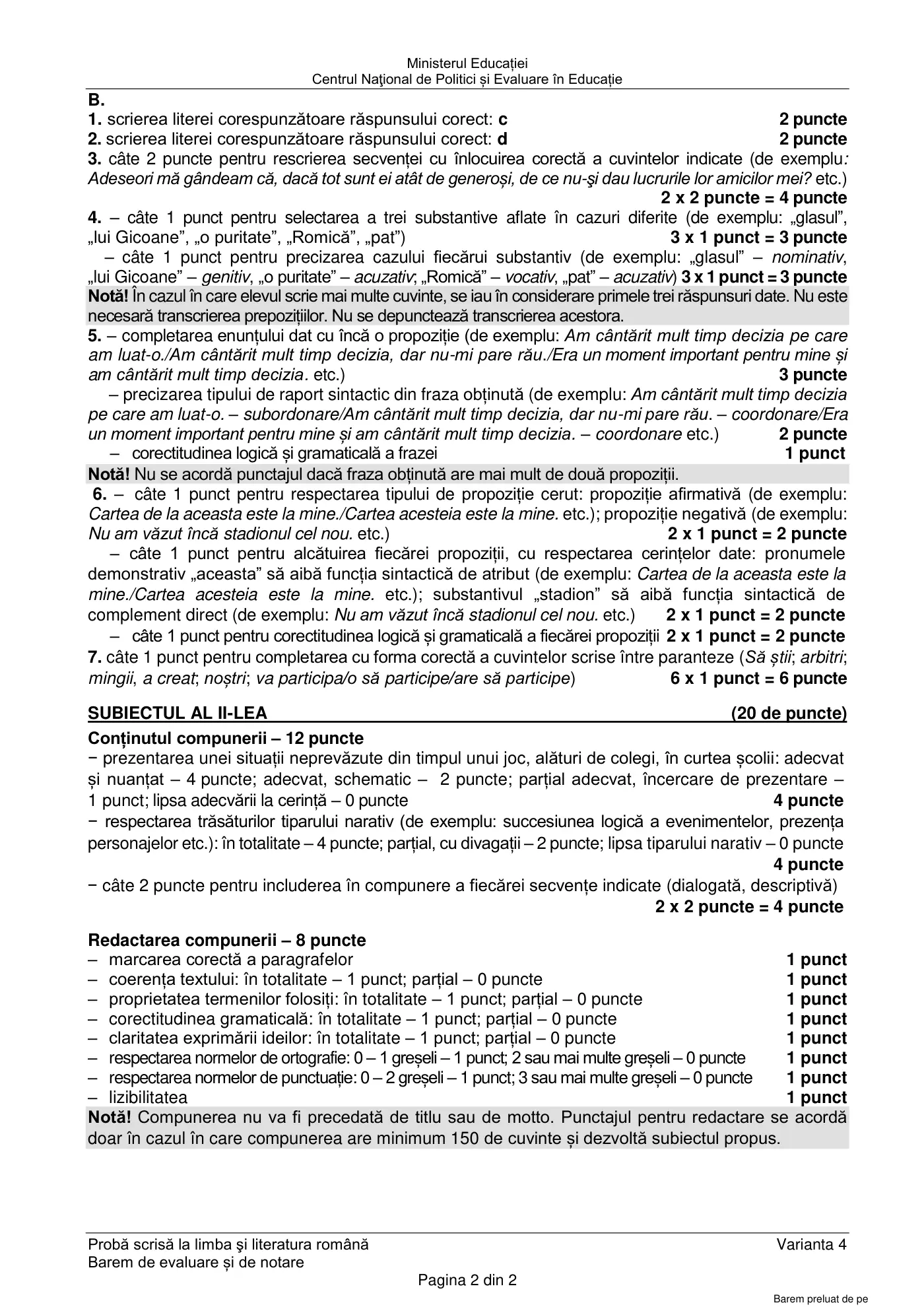Pagina 2 din baremul pentru examen oficial (sesiunea iunie), limba și literatura română, 22 iunie 2021
