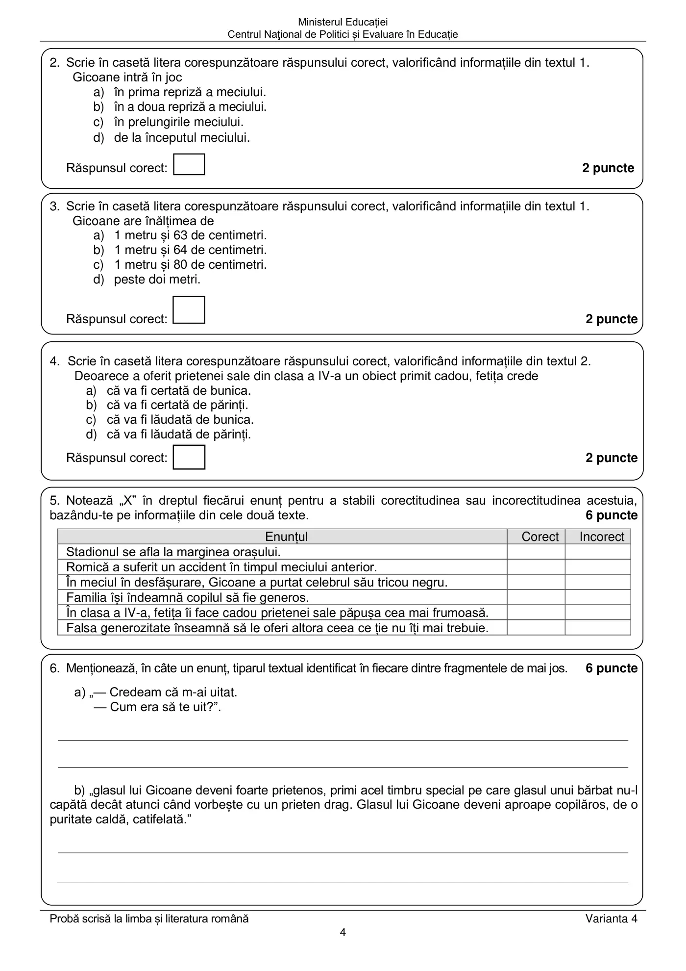 Pagina 4 din subiectul examen oficial (sesiunea iunie), limba și literatura română, 22 iunie 2021