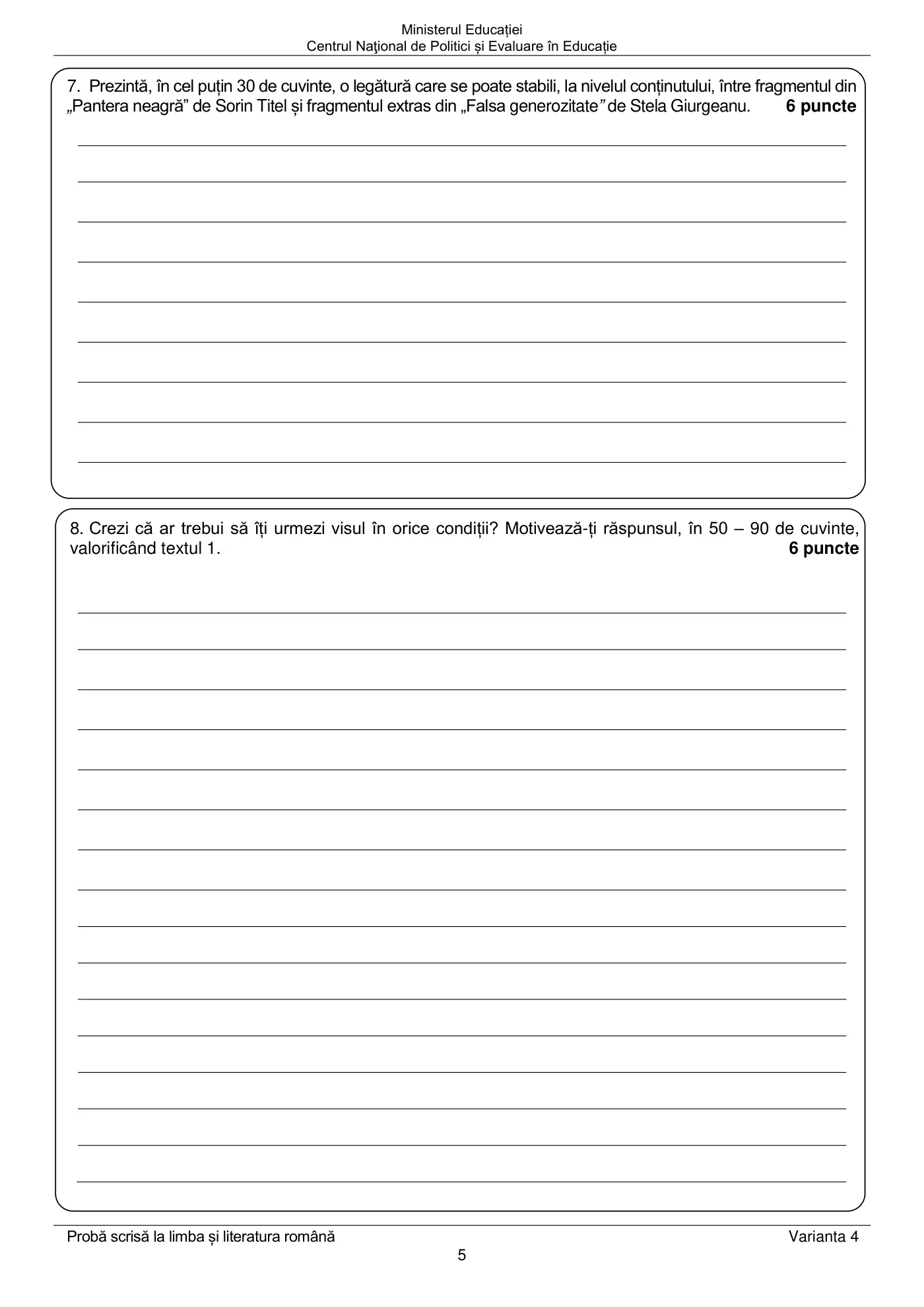 Pagina 5 din subiectul examen oficial (sesiunea iunie), limba și literatura română, 22 iunie 2021