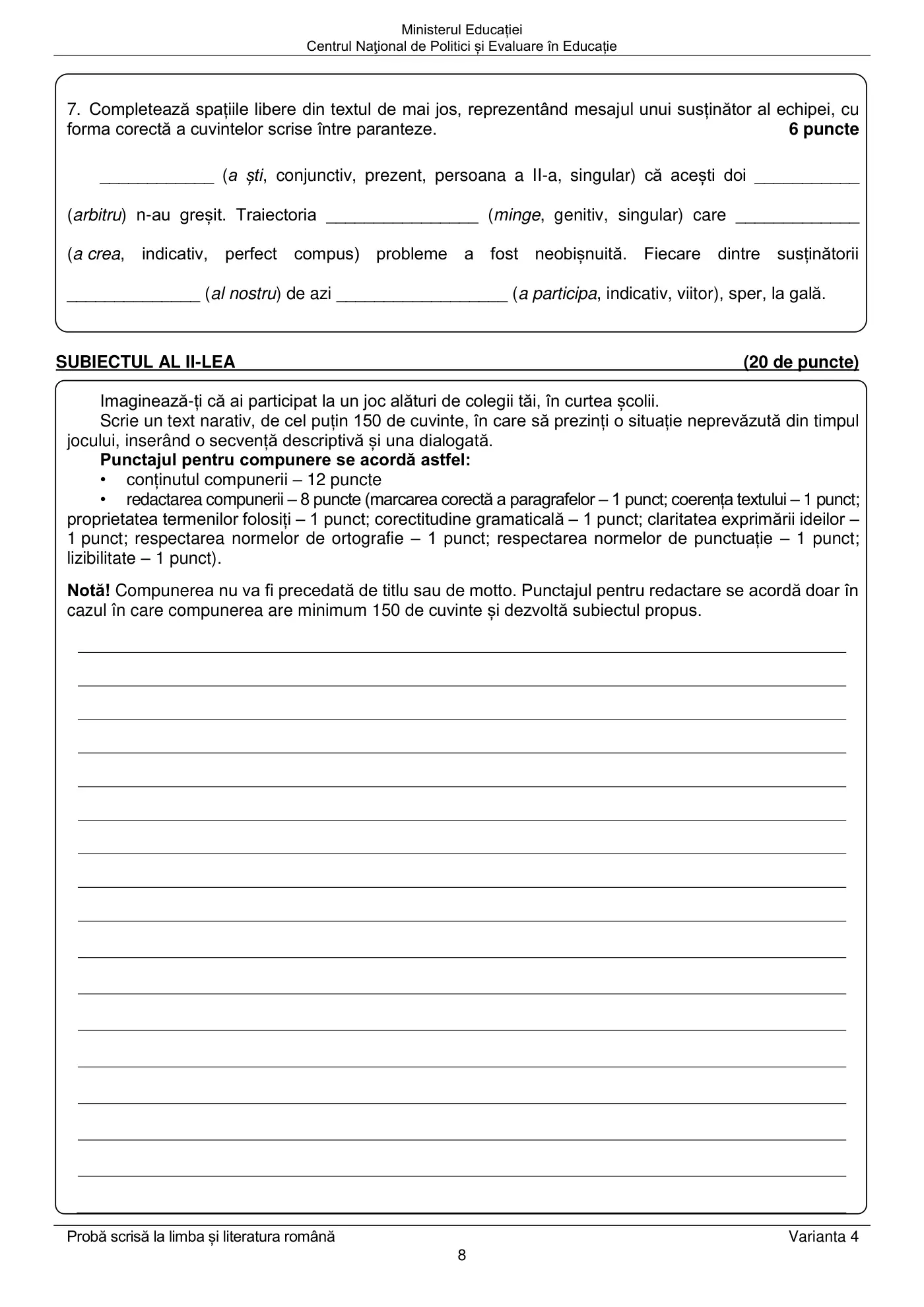 Pagina 8 din subiectul examen oficial (sesiunea iunie), limba și literatura română, 22 iunie 2021
