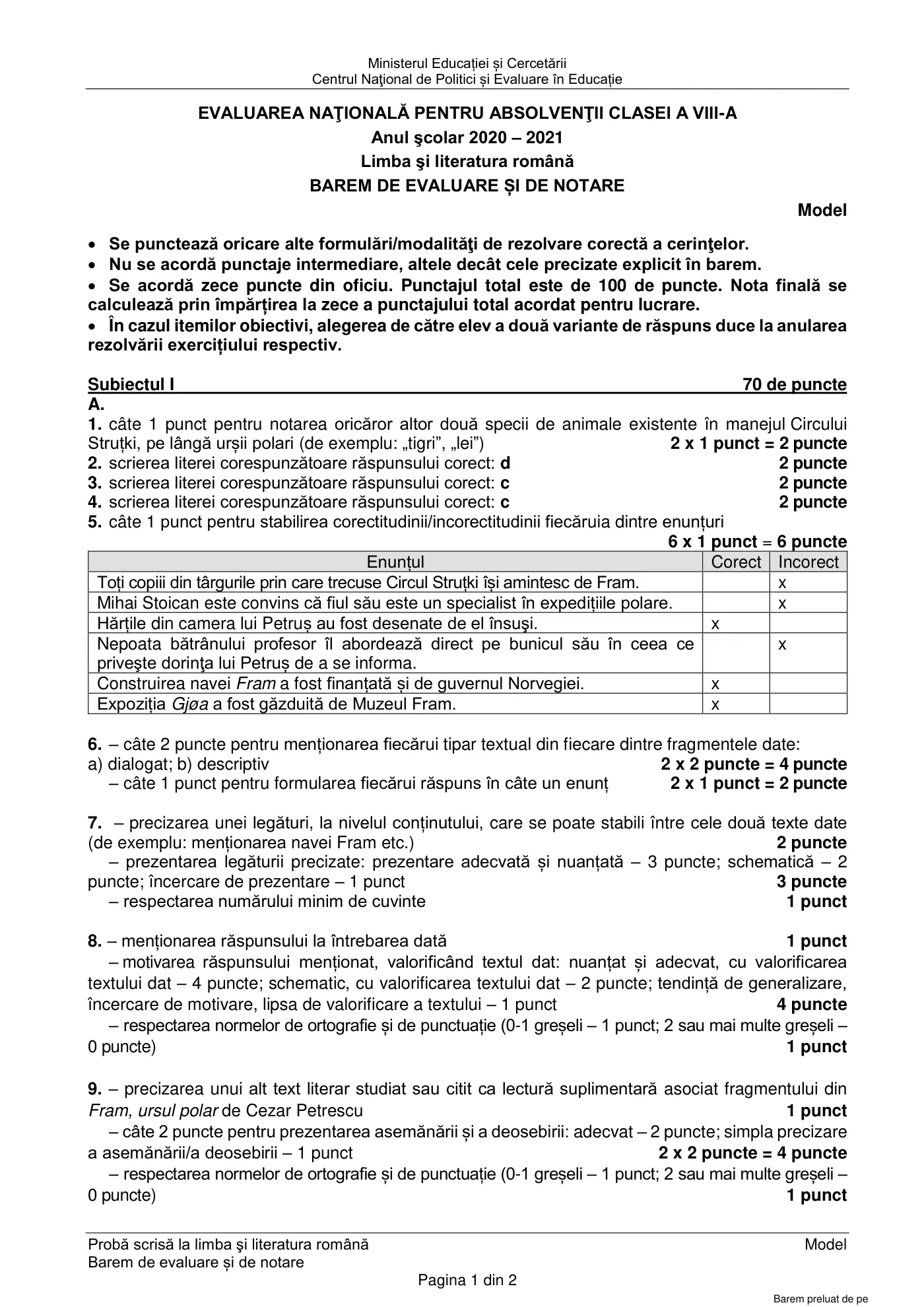 Pagina 1 din baremul pentru model oficial, limba și literatura română, noiembrie 2020
