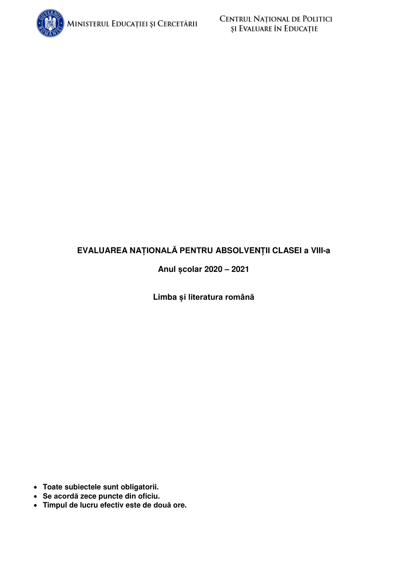 Pagina 1 din subiectul model oficial, limba și literatura română, noiembrie 2020