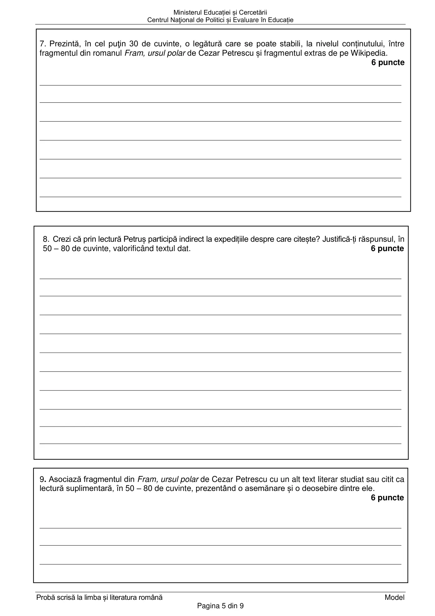 Pagina 5 din subiectul model oficial, limba și literatura română, noiembrie 2020