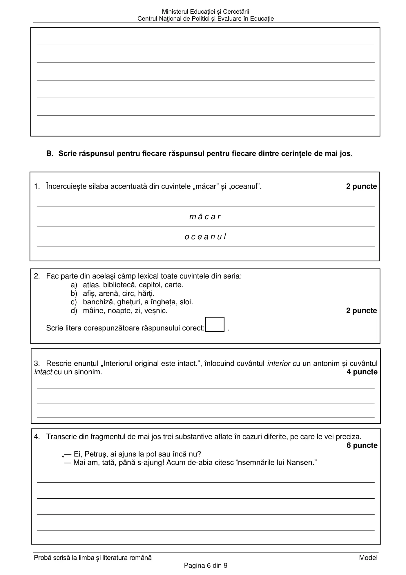 Pagina 6 din subiectul model oficial, limba și literatura română, noiembrie 2020