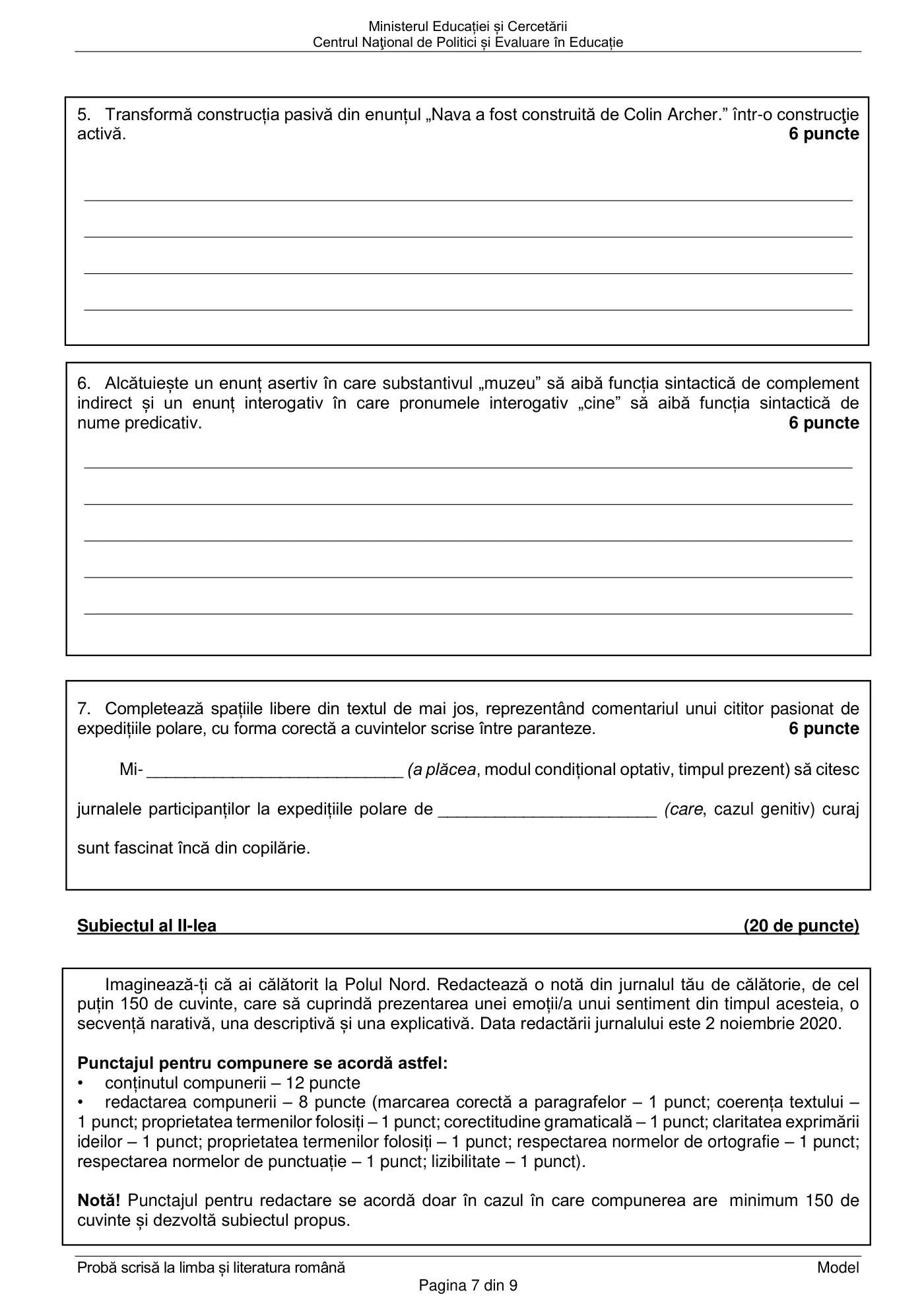 Pagina 7 din subiectul model oficial, limba și literatura română, noiembrie 2020