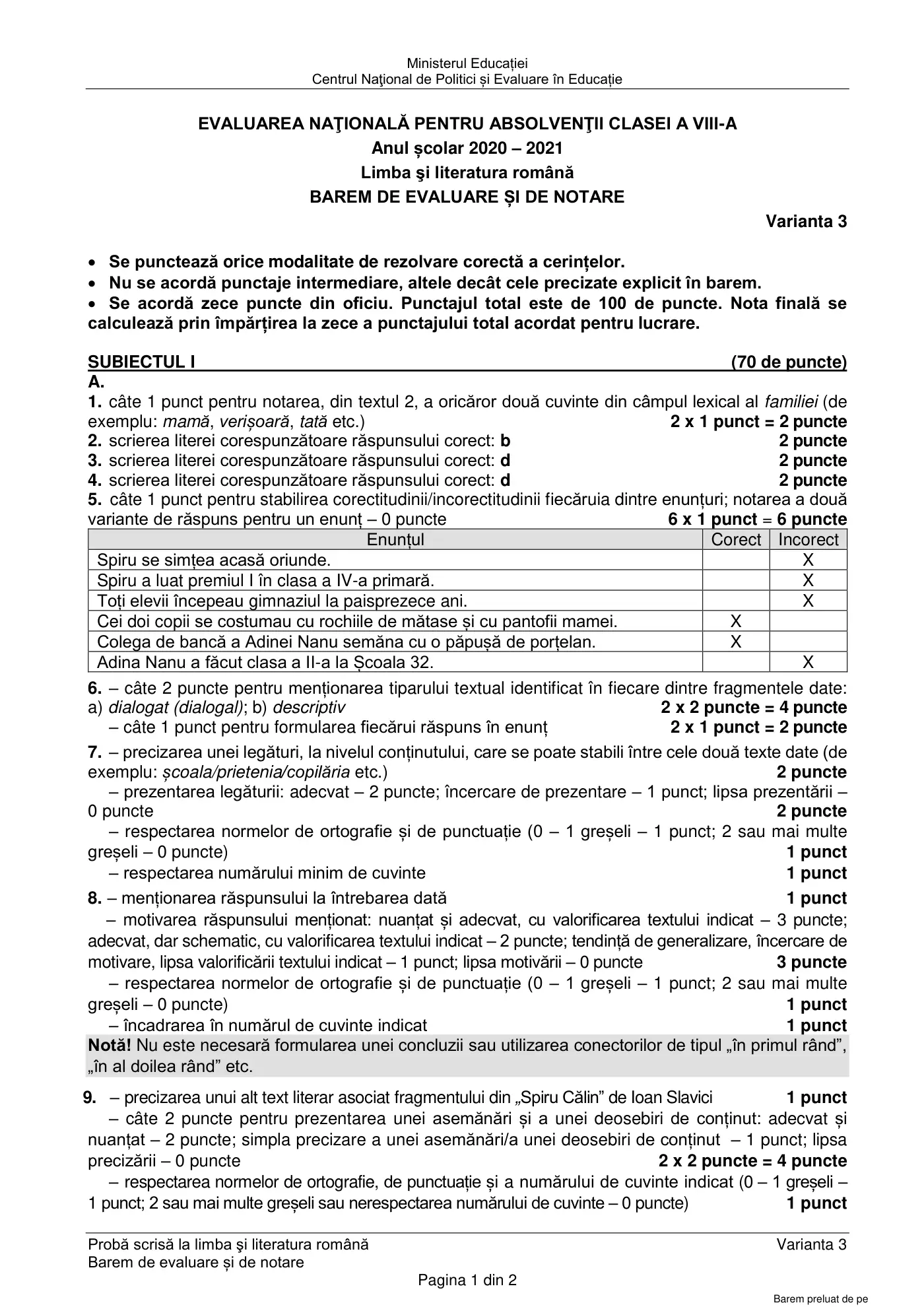 Pagina 1 din baremul pentru subiect de rezervă, limba și literatura română, 22 iunie 2021