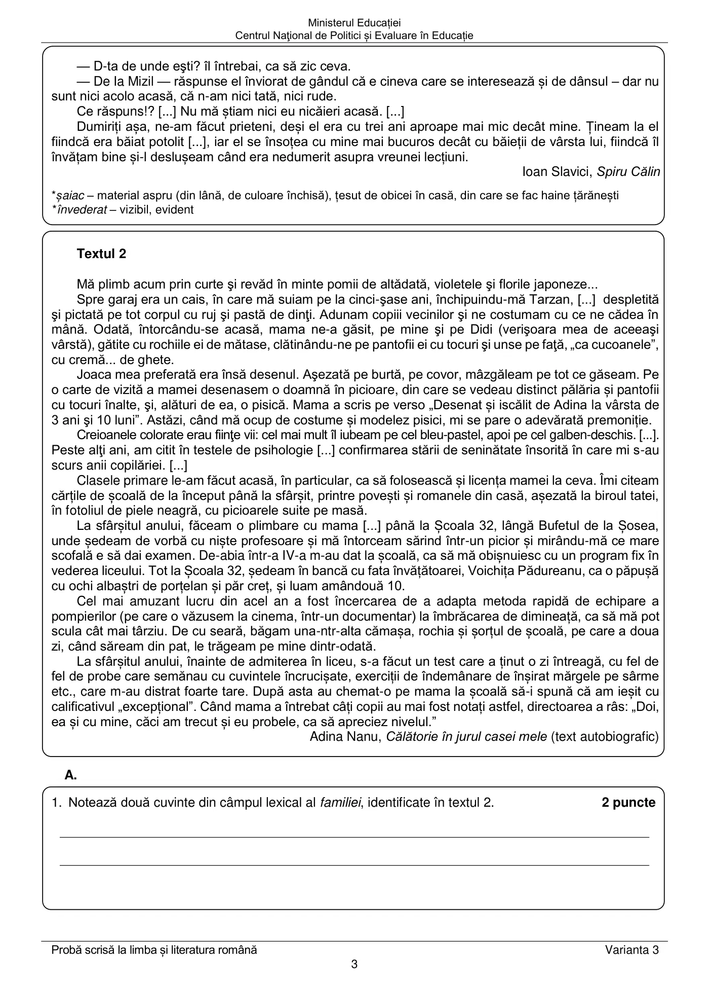 Pagina 3 din subiectul subiect de rezervă, limba și literatura română, 22 iunie 2021