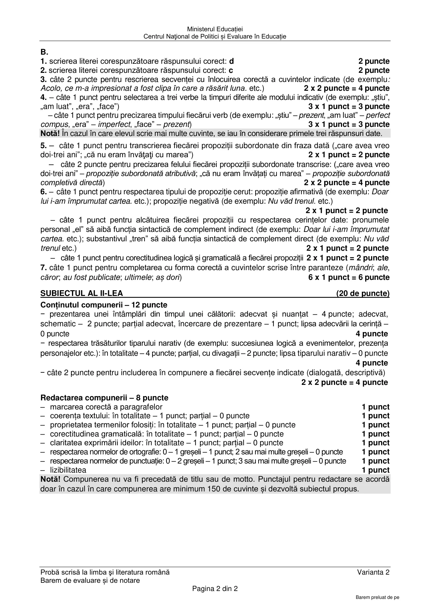 Pagina 2 din baremul pentru sesiunea specială, limba și literatura română, 5 iulie 2021