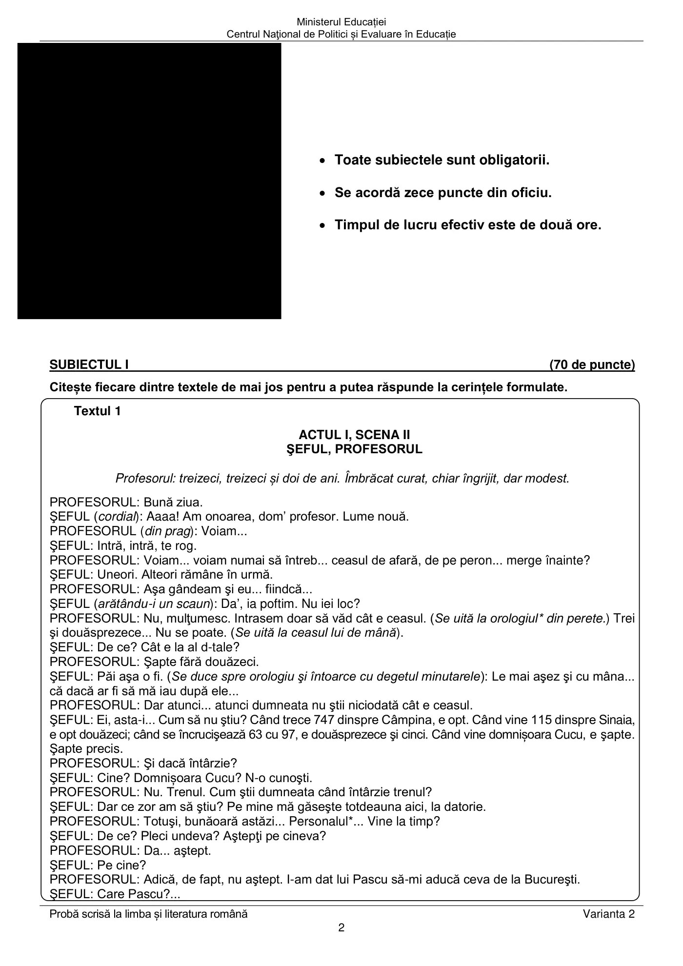 Pagina 2 din subiectul sesiunea specială, limba și literatura română, 5 iulie 2021