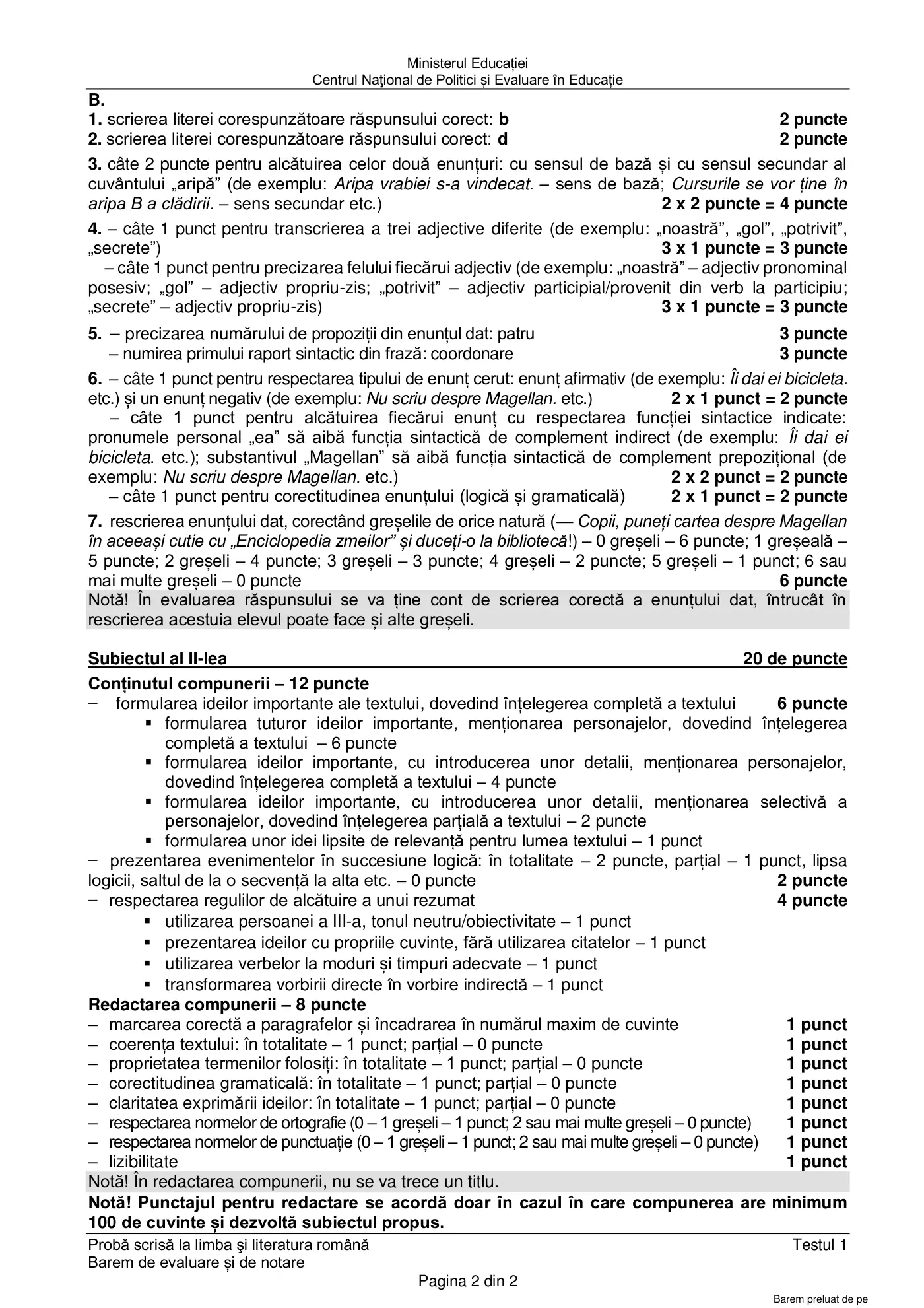 Pagina 2 din baremul pentru test de antrenament 1, limba și literatura română, februarie 2021
